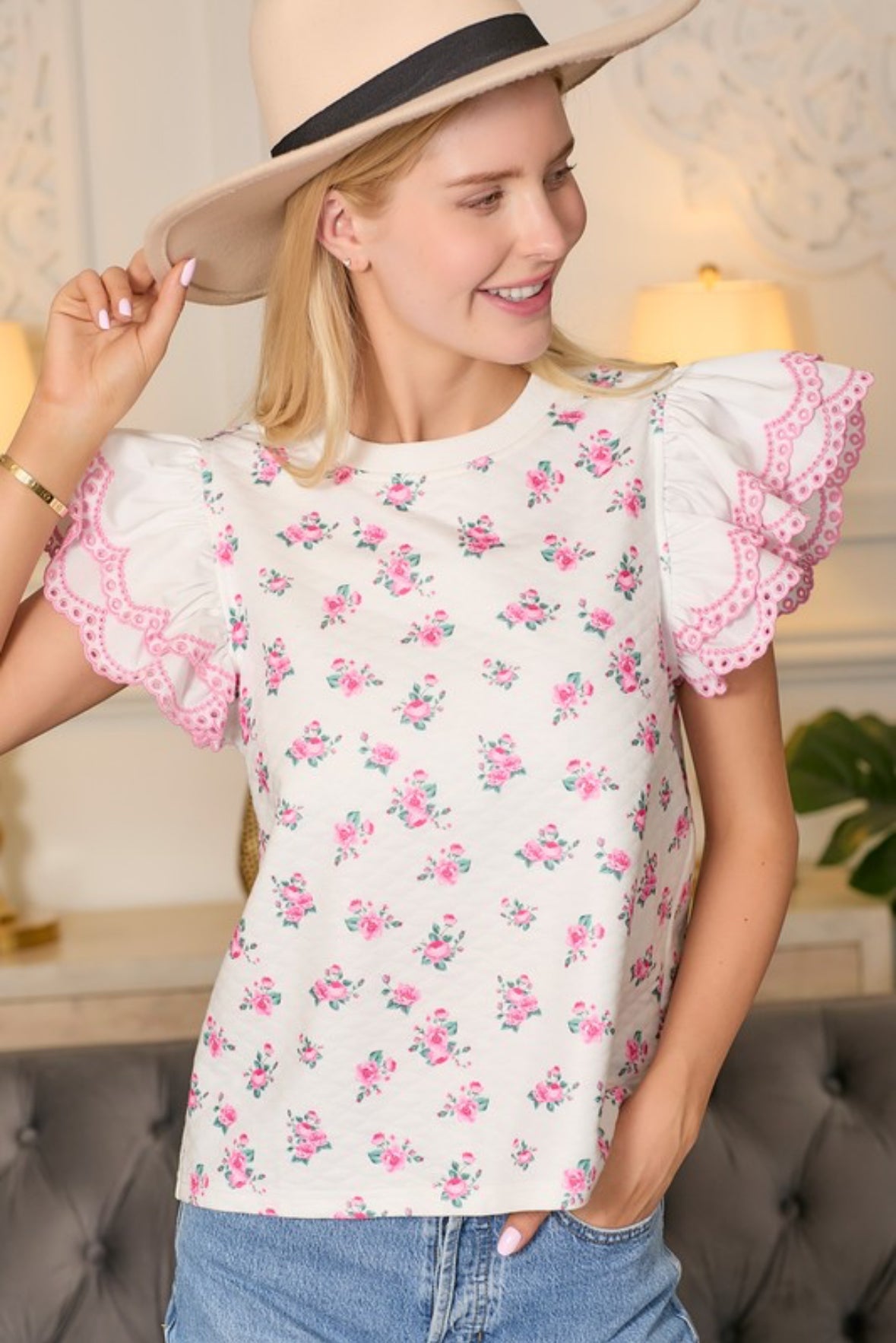 Eyelets & Roses Ruffle Sleeve Top -preorder