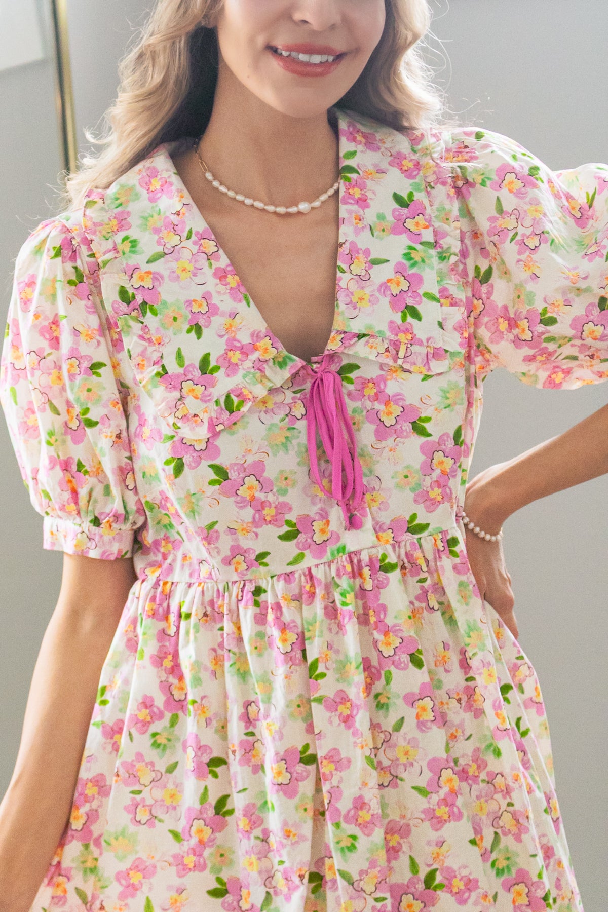 Cherry Blossom Peter Pan Collar Cotton Dress in Blush