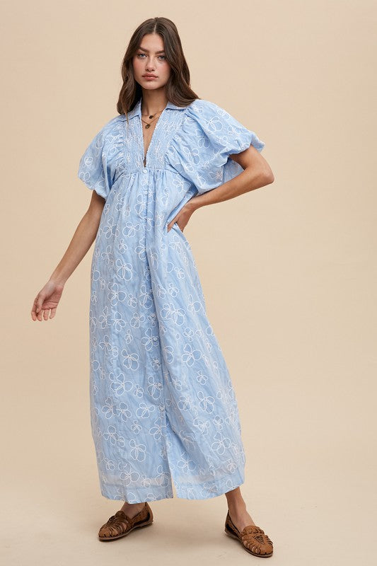 Blue Sky Floral Smocked Maxi Dress