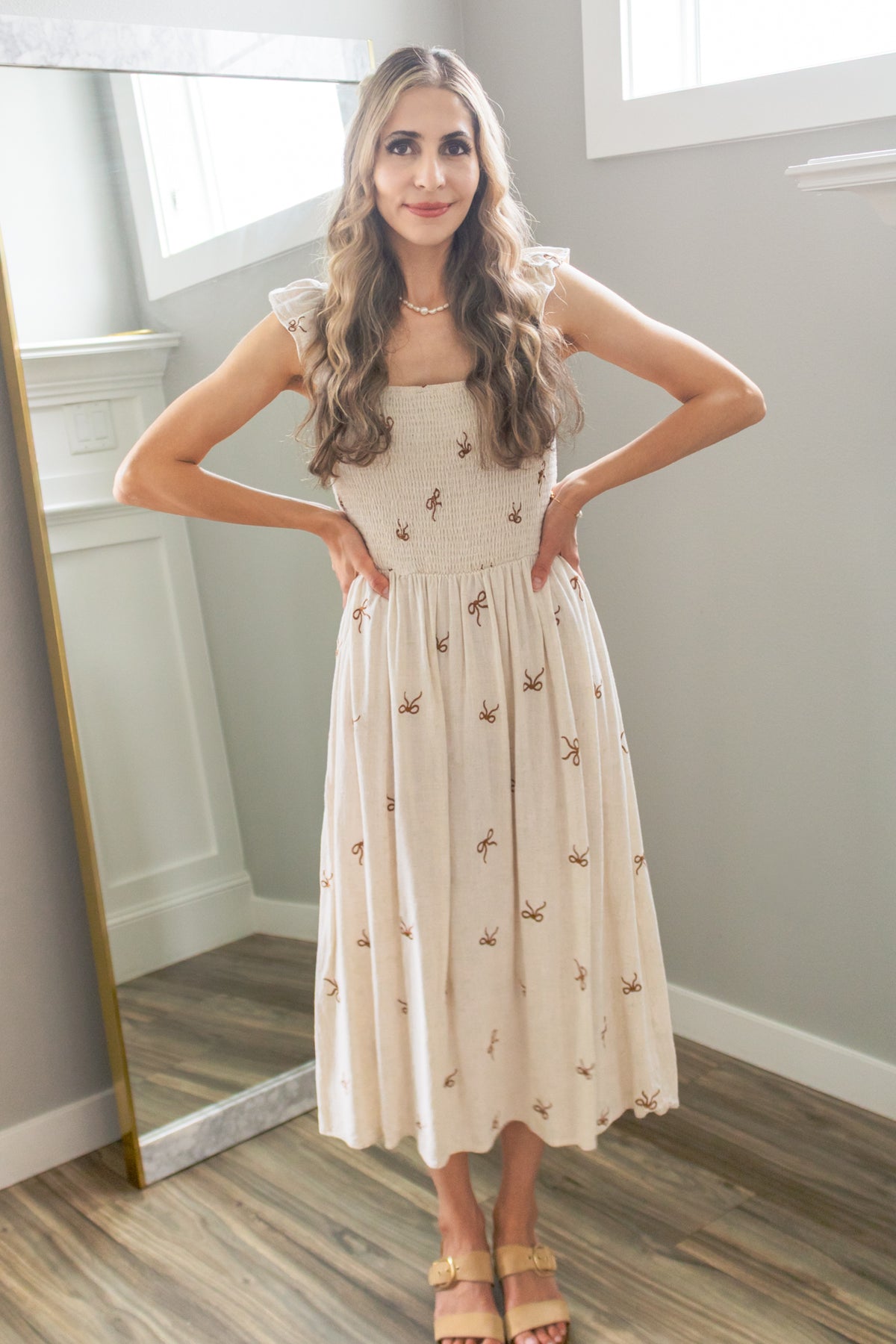 Secret Diary Linen Bow Midi Dress in Beige