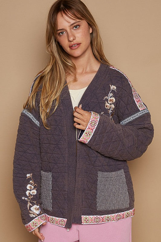 POL Embroidered Open Front Long Sleeve Quilted Jacket