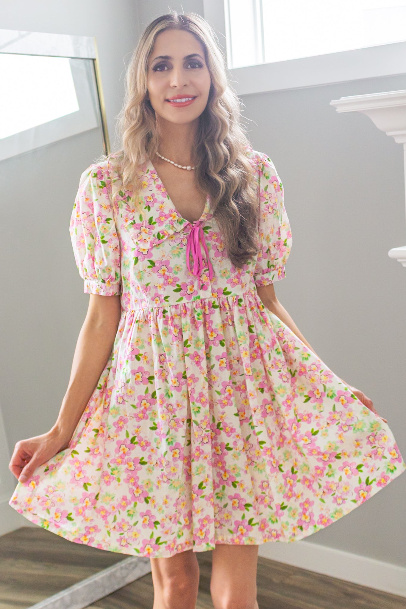 Cherry Blossom Peter Pan Collar Cotton Dress in Blush