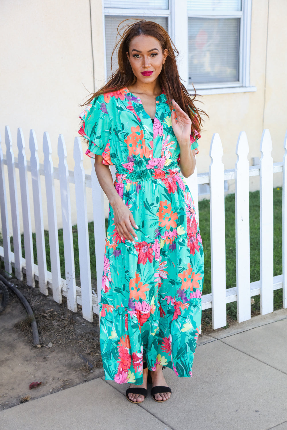 Hello Beautiful Multicolor Tropical Floral Smock Waist Tiered Midi Dress