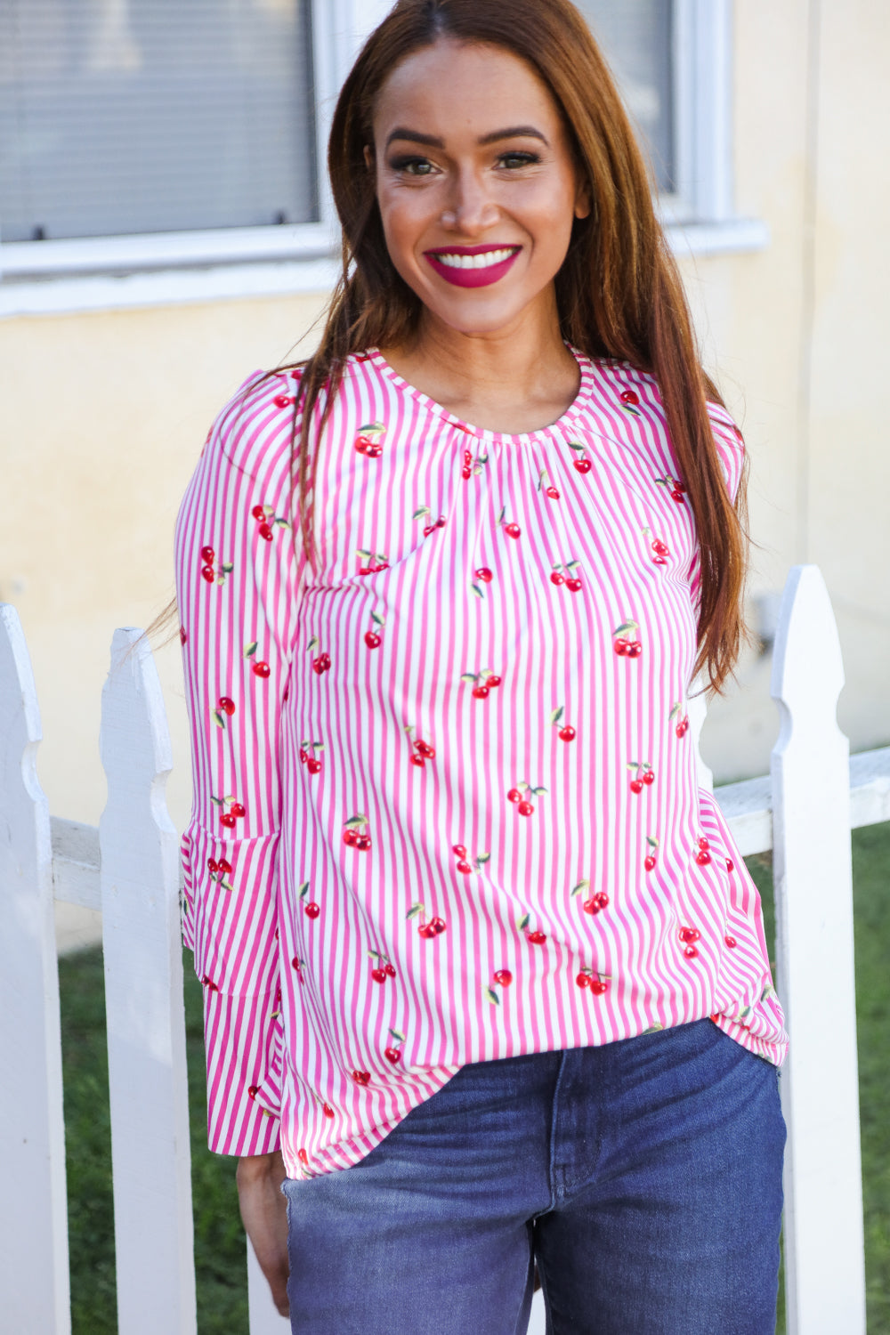 Make You Smile Pink Stripe & Cherries Bell Sleeve Top