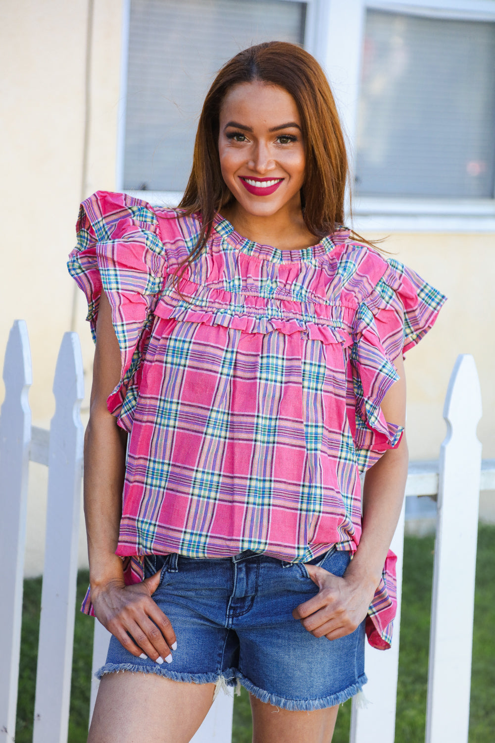 Live For Today Fuchsia Plaid Shirred Yoke Flutter Sleeve Top