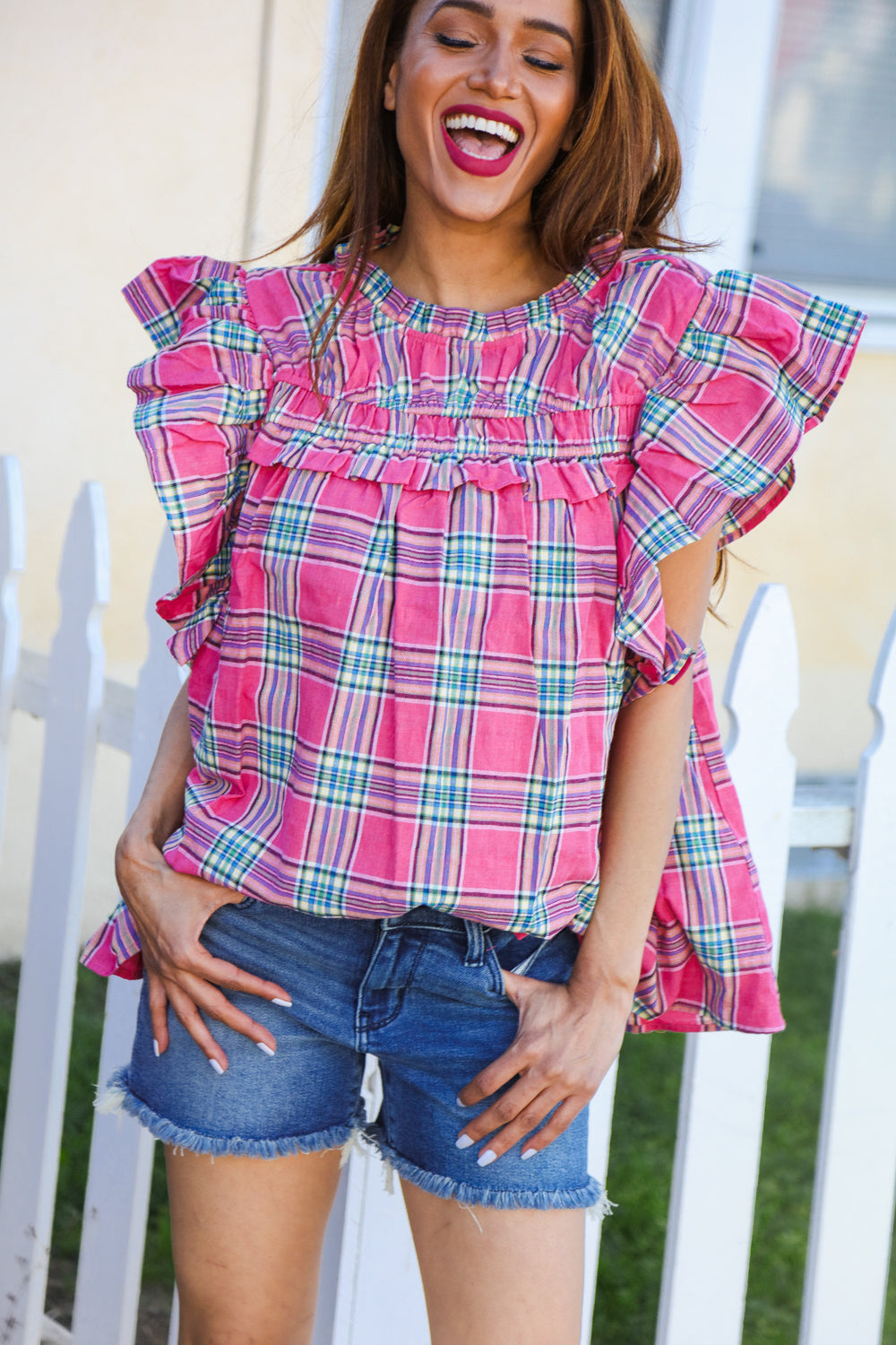 Live For Today Fuchsia Plaid Shirred Yoke Flutter Sleeve Top