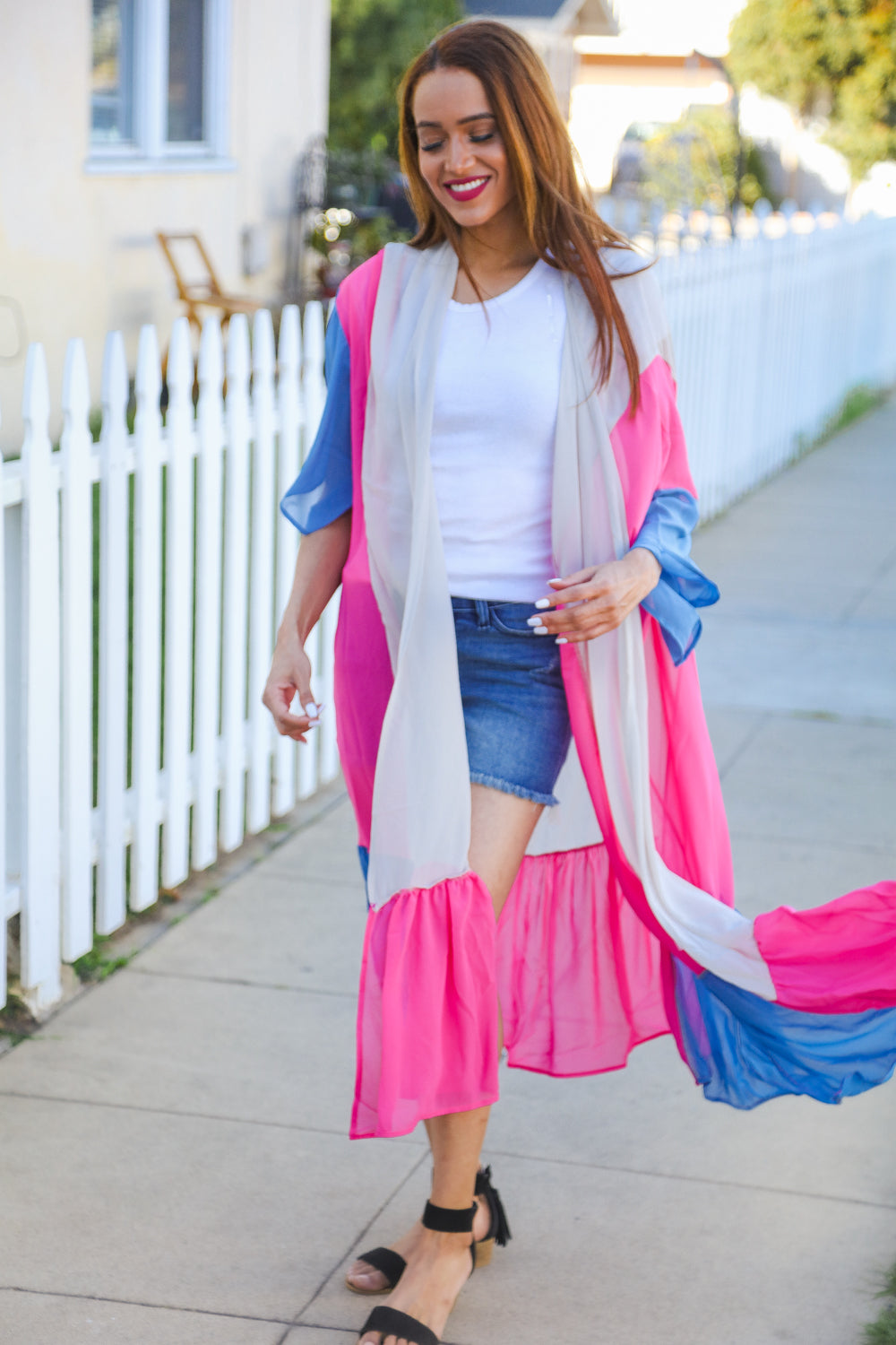 Feel Your Best Taupe & Fuchsia Color Block Ruffle Hem Kimono