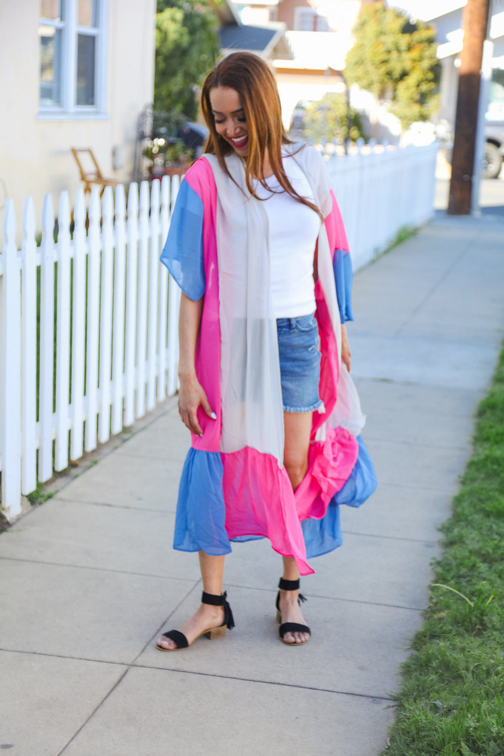 Feel Your Best Taupe & Fuchsia Color Block Ruffle Hem Kimono