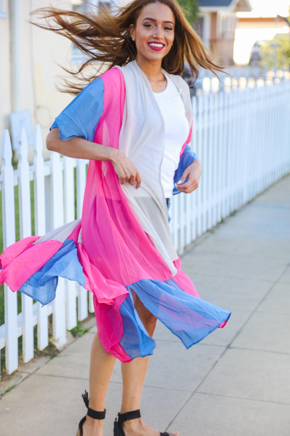 Feel Your Best Taupe & Fuchsia Color Block Ruffle Hem Kimono