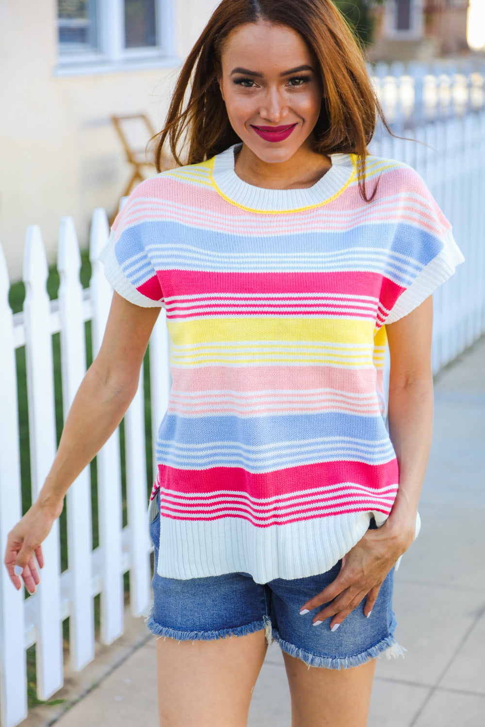 Feeling Playful Blue & Fuchsia Striped Short Dolman Sleeve Knit Top