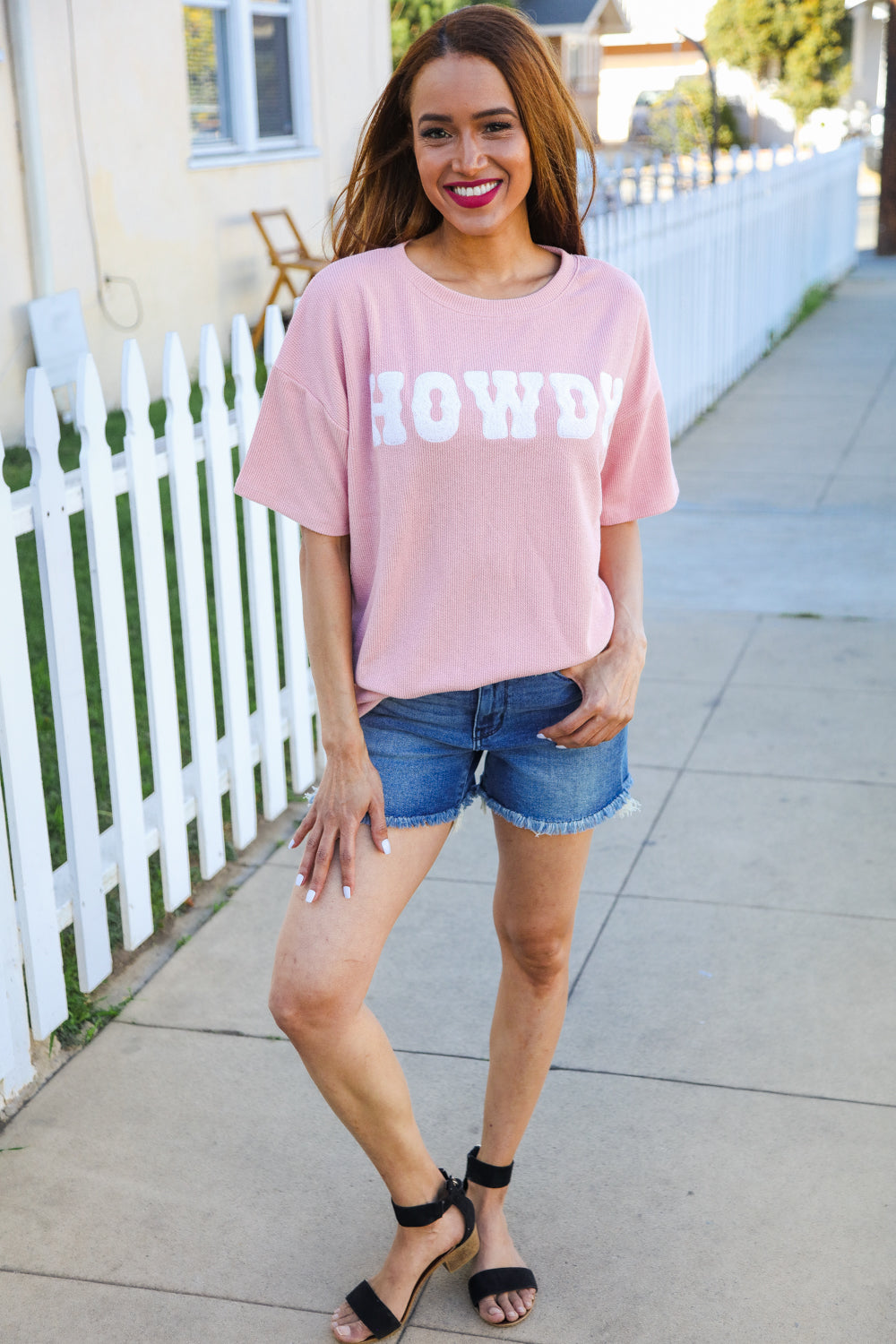 Pink Pop-Up Embroidered "HOWDY" Ribbed Top (Copy)