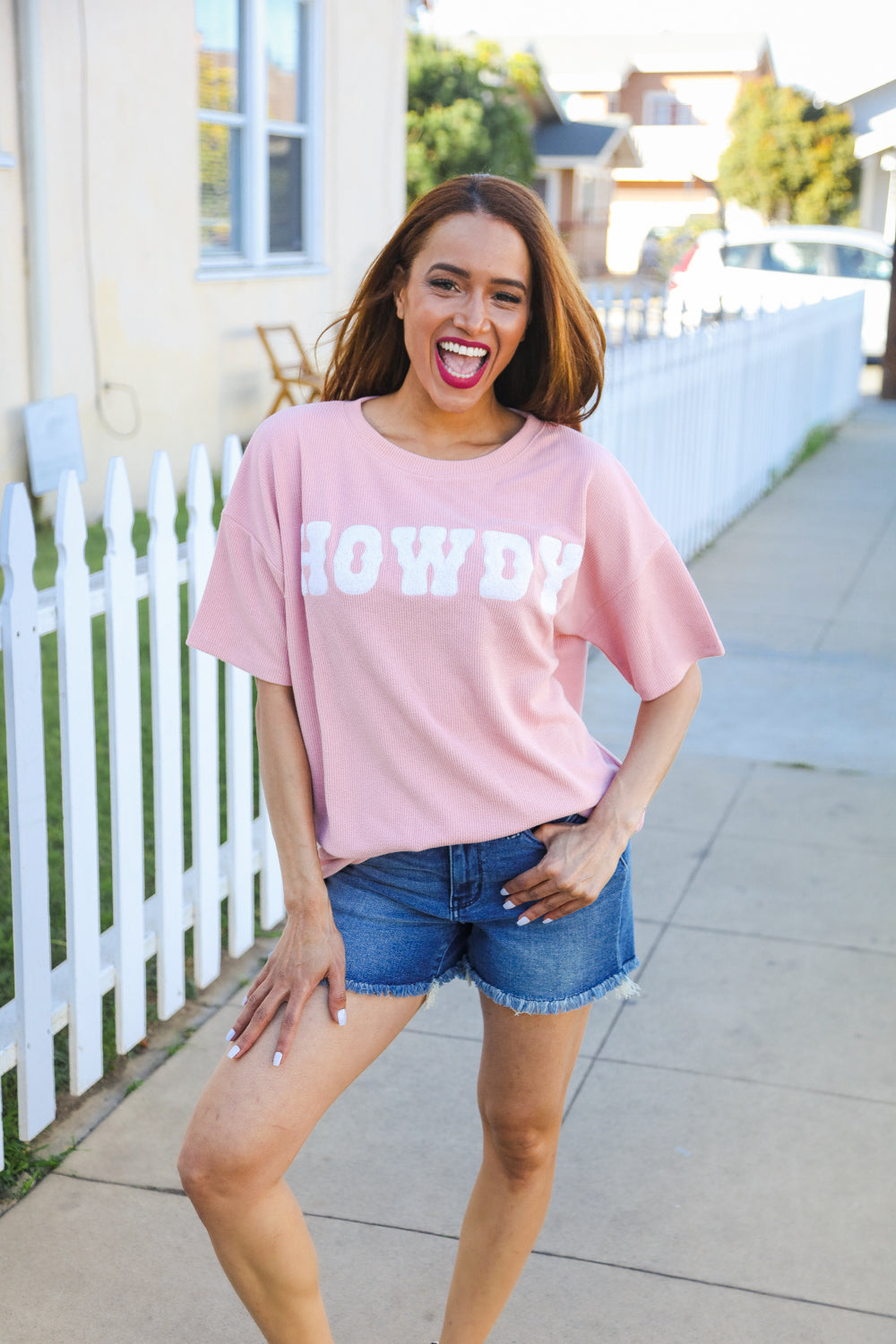 Pink Pop-Up Embroidered "HOWDY" Ribbed Top (Copy)