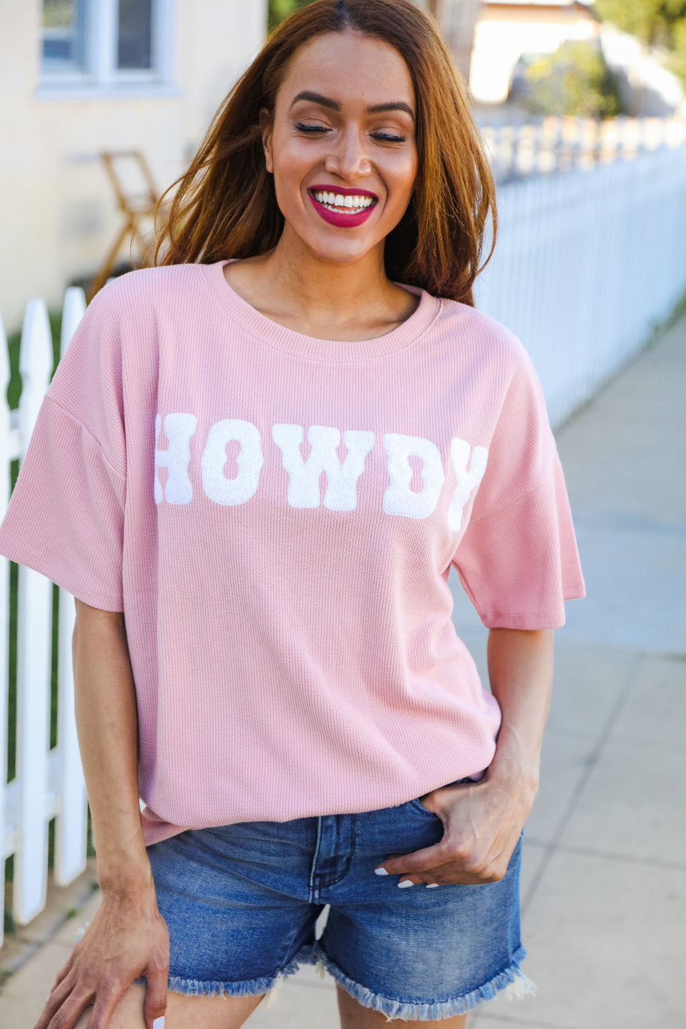 Pink Pop-Up Embroidered "HOWDY" Ribbed Top (Copy)