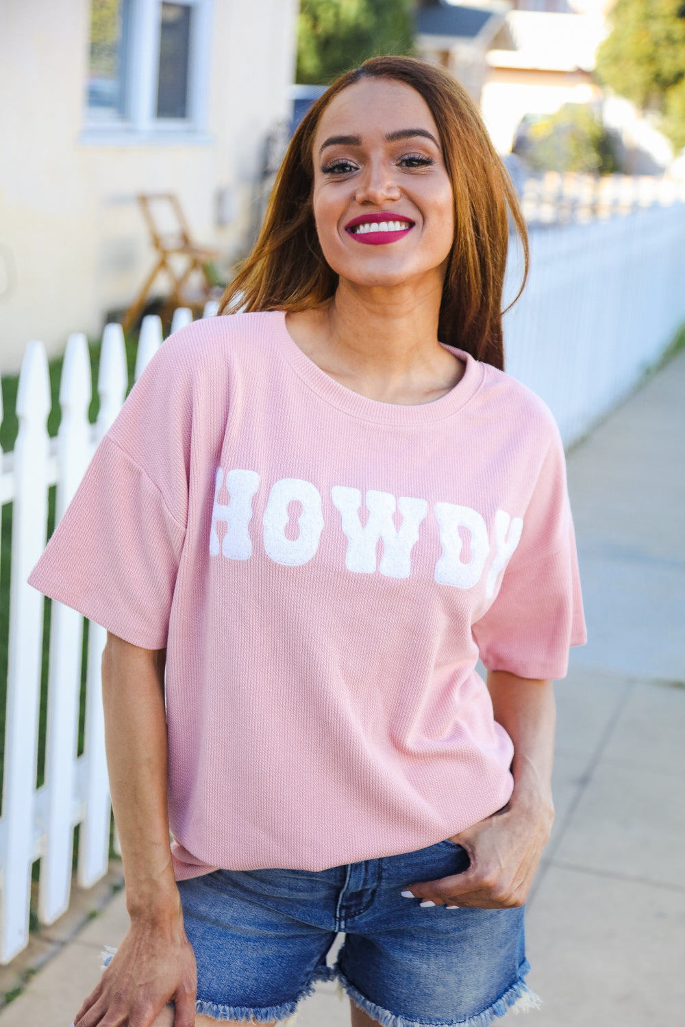 Pink Pop-Up Embroidered "HOWDY" Ribbed Top (Copy)