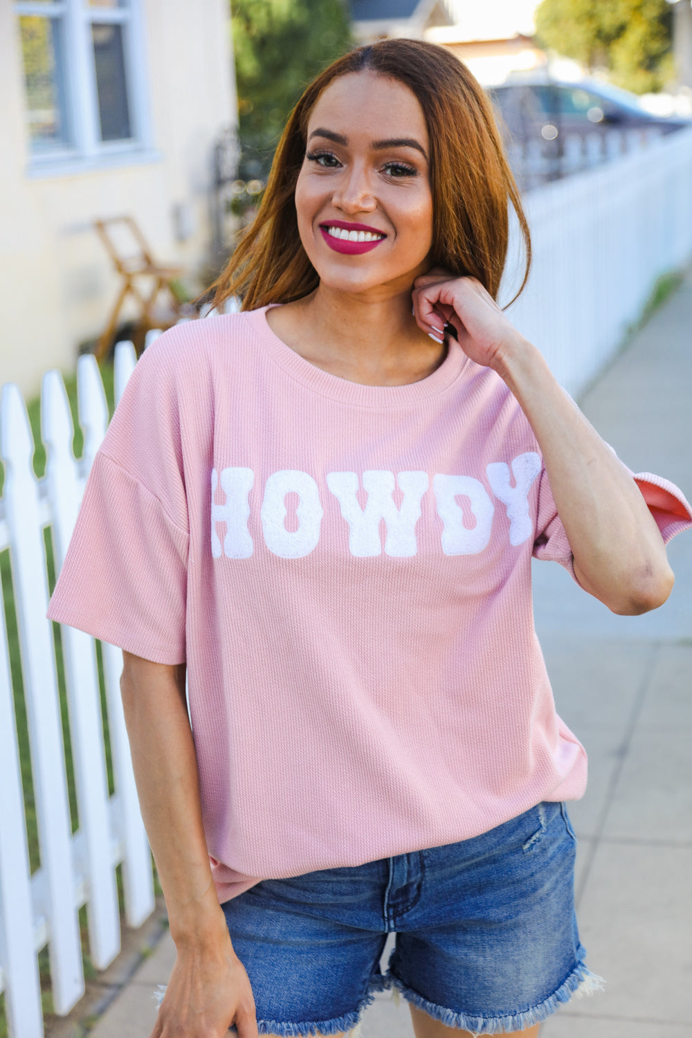 Pink Pop-Up Embroidered "HOWDY" Ribbed Top (Copy)