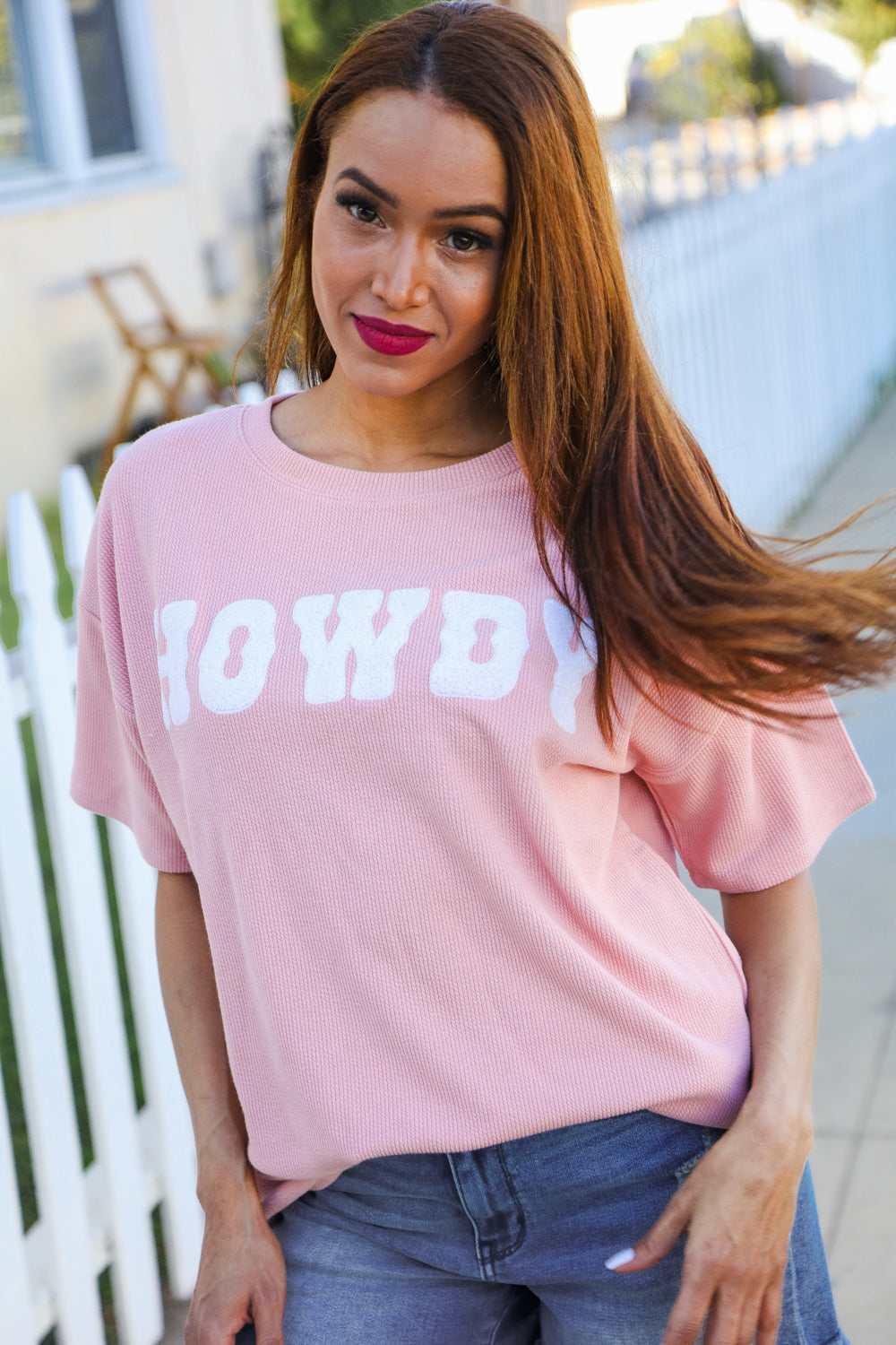 Pink Pop-Up Embroidered "HOWDY" Ribbed Top (Copy)