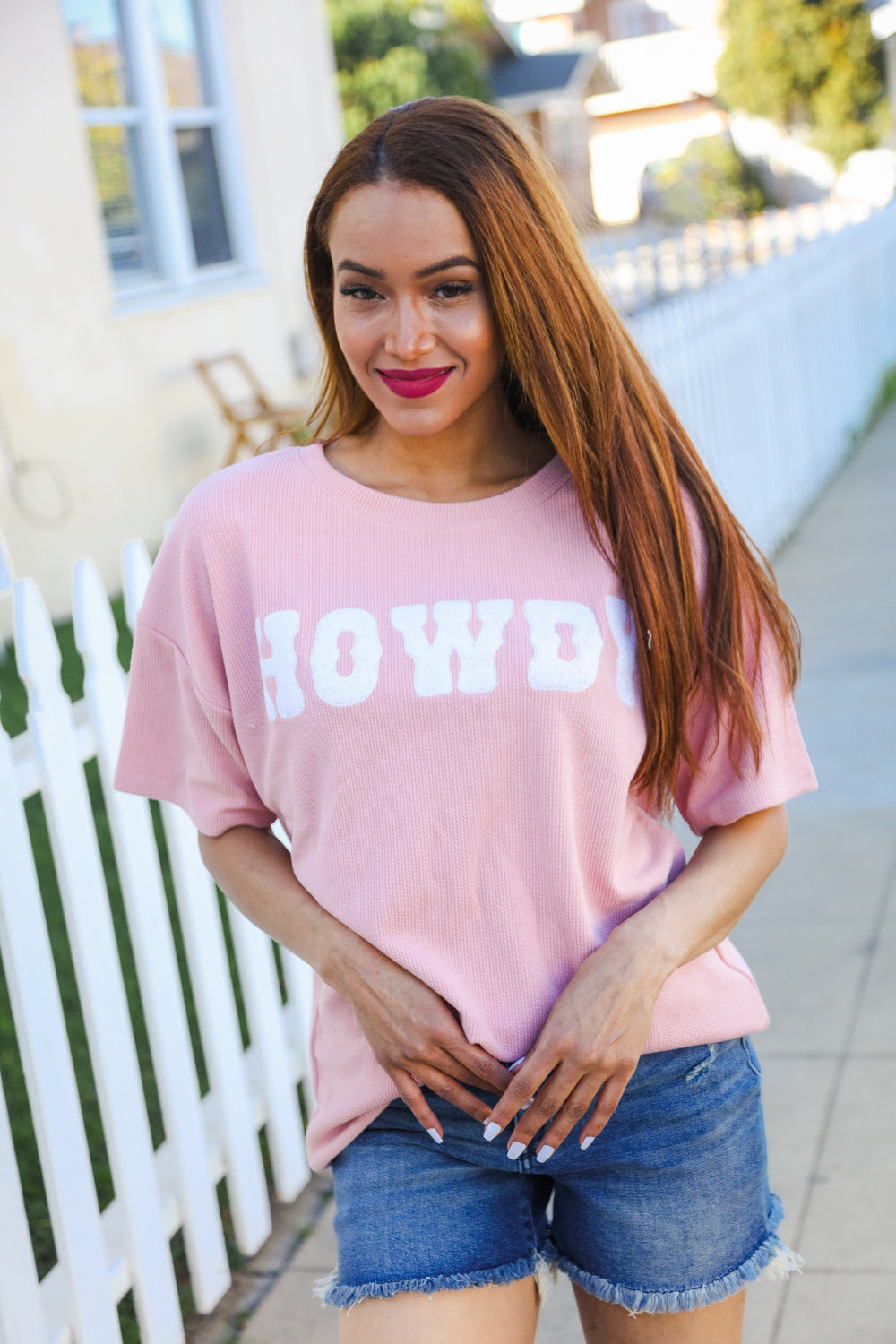 Pink Pop-Up Embroidered "HOWDY" Ribbed Top (Copy)