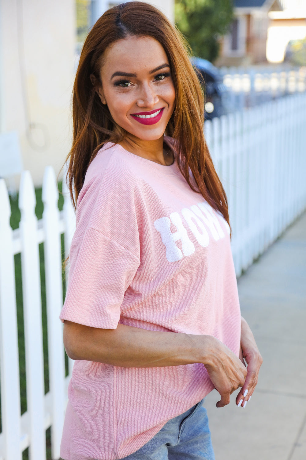 Pink Pop-Up Embroidered "HOWDY" Ribbed Top (Copy)