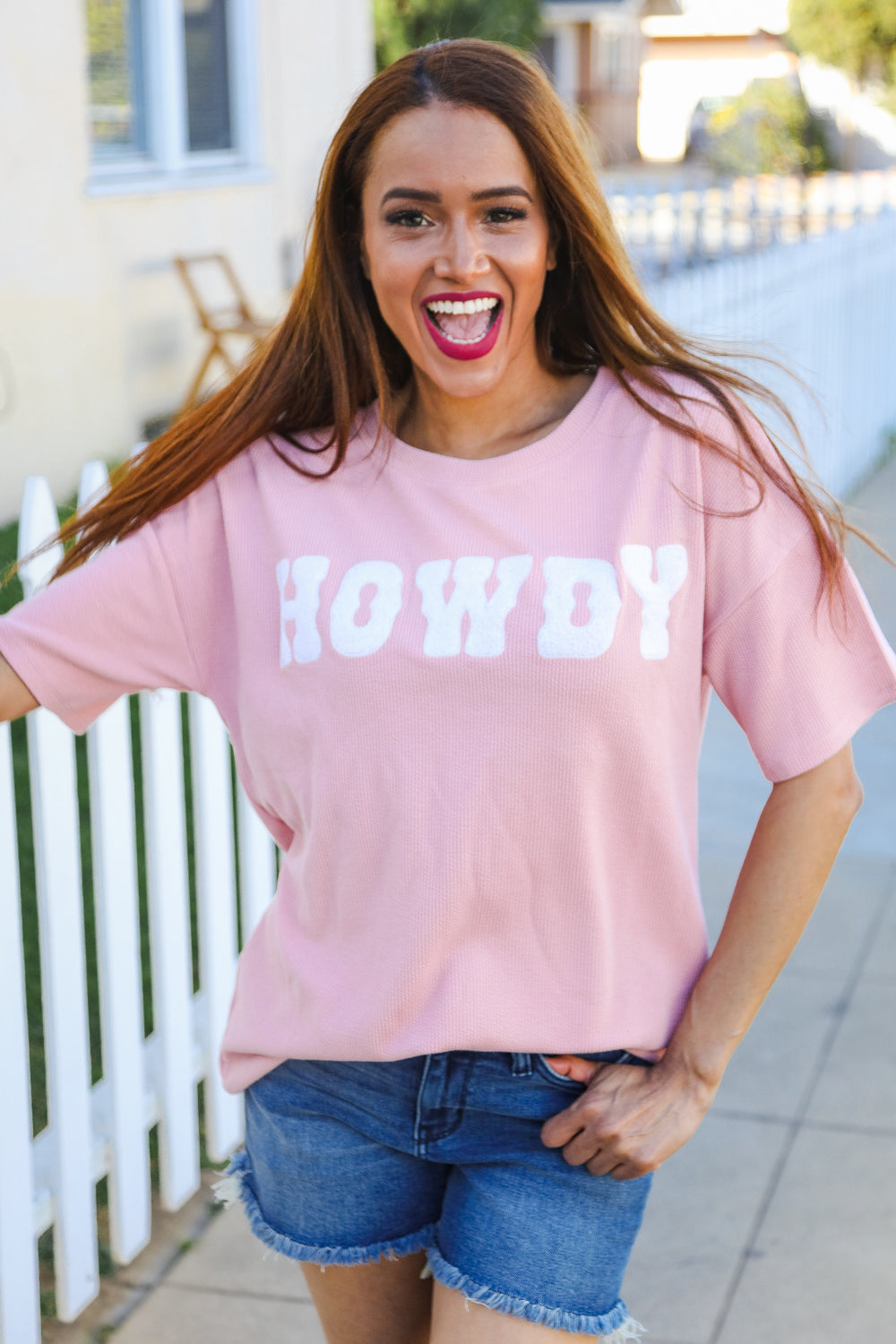 Pink Pop-Up Embroidered "HOWDY" Ribbed Top (Copy)