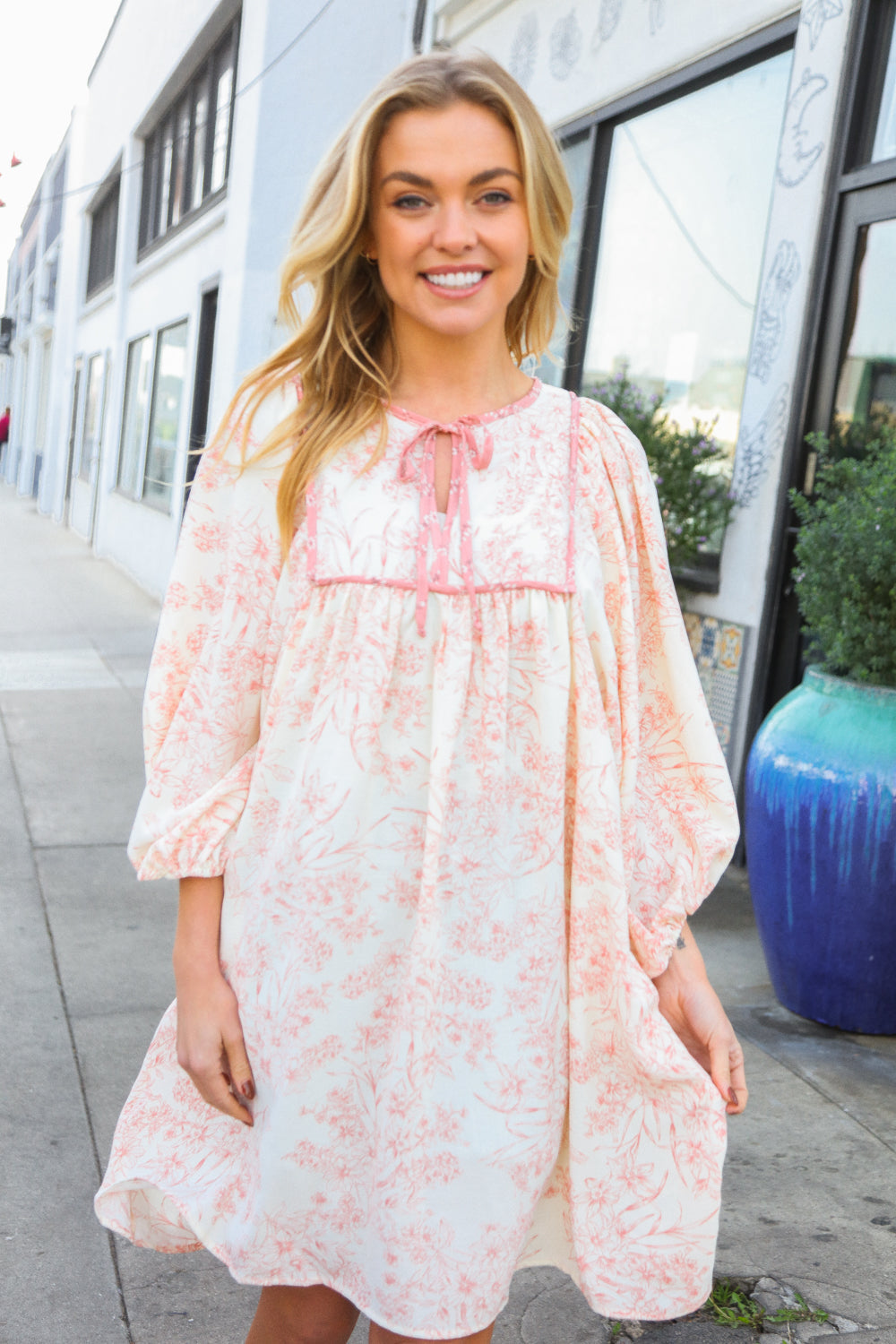 Boho Vibes Ivory/Coral Contrast Binding Notched Bow Tie Lined Dress