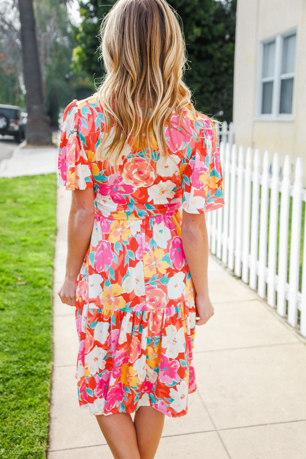 Remember Me Red & Coral Floral Print V Neck Tiered Dress