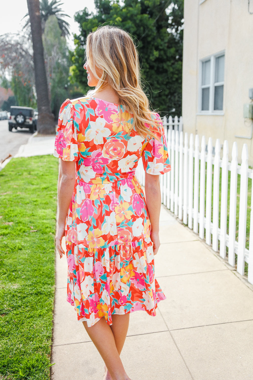 Remember Me Red & Coral Floral Print V Neck Tiered Dress