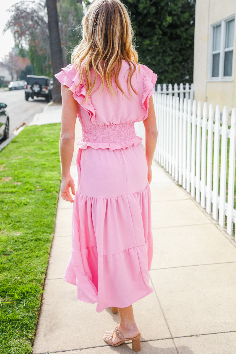 Hello Beautiful Pink Double Flutter Sleeve Smocked Waist Maxi Dress