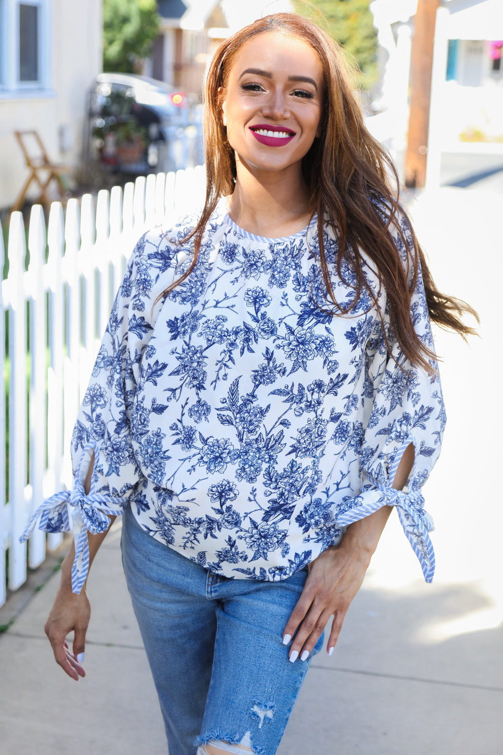 Vintage Chic Navy & Ivory Three-Quarter Bow Sleeve Contrast Stripe Blouse