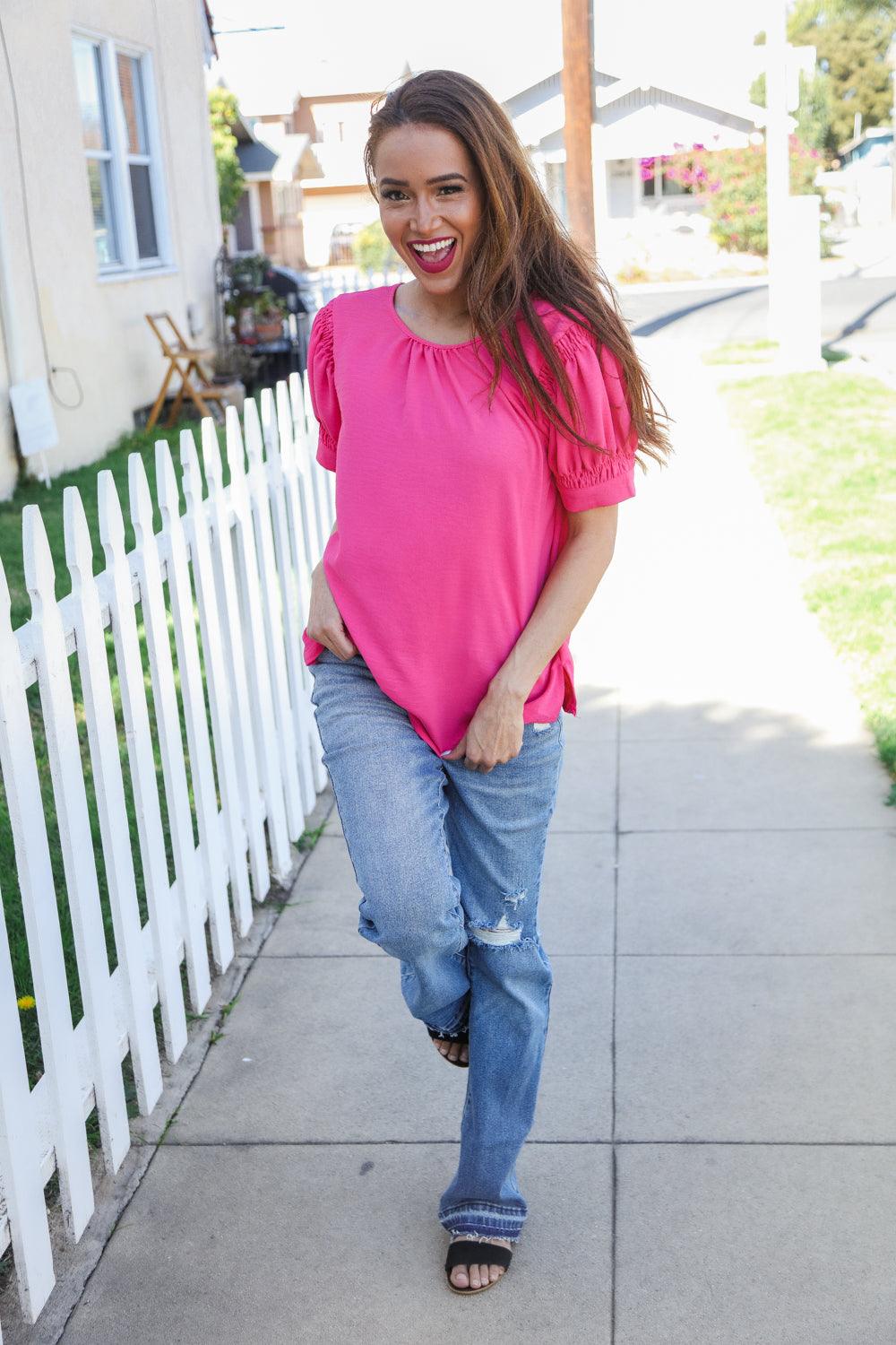 Perfectly You Solid Fuchsia Silk Shirred Cap Short Sleeve Blouse