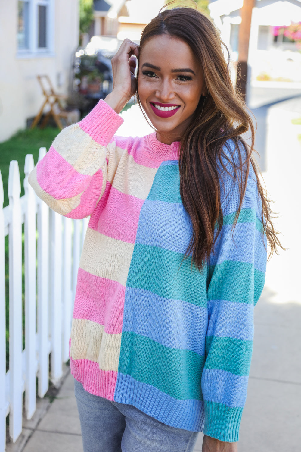 Catch Glances Blush & Blue Stripe Color Block Knit Sweater