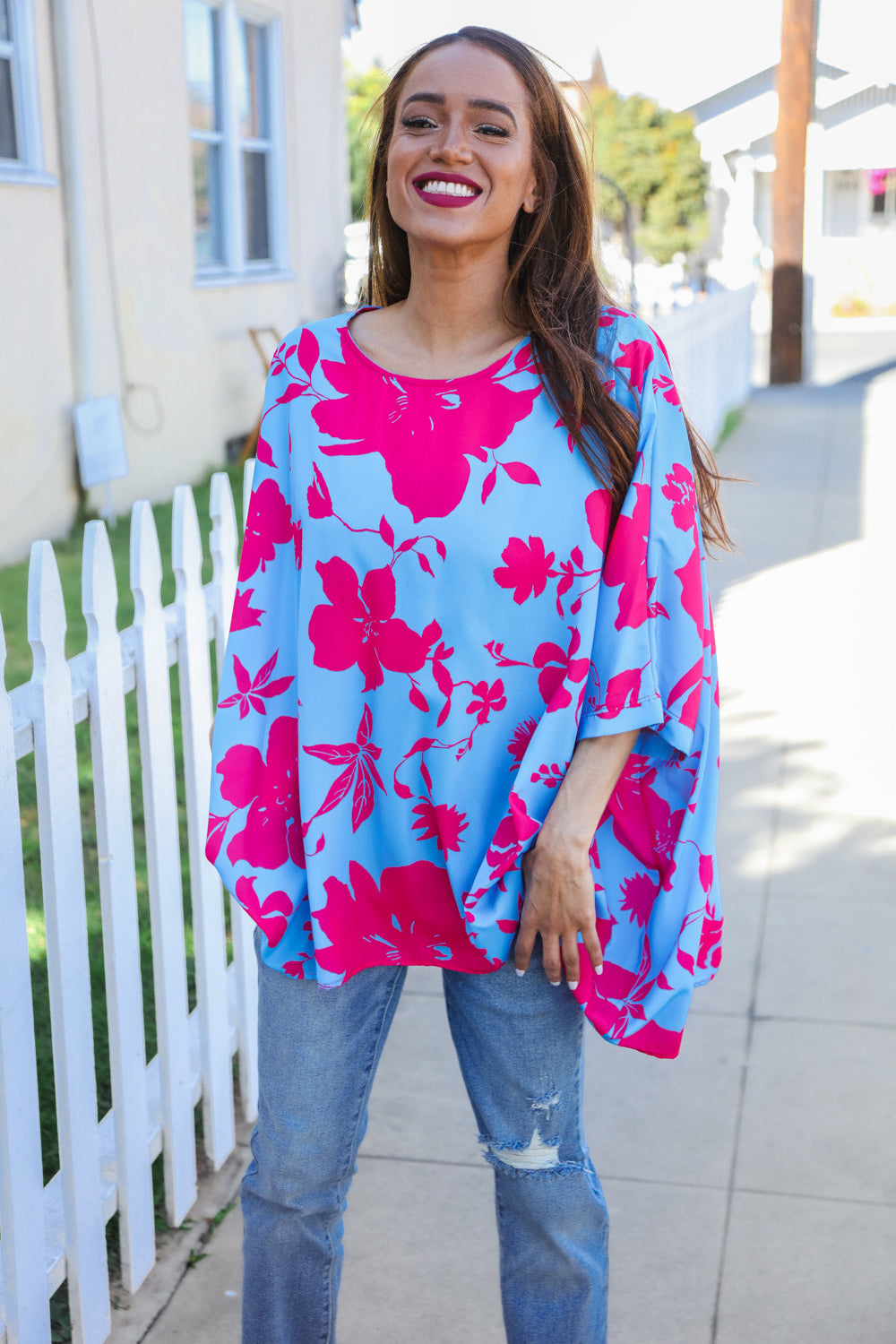 Follow Me Fuchsia Floral Asymmetrical Coverup Blouse