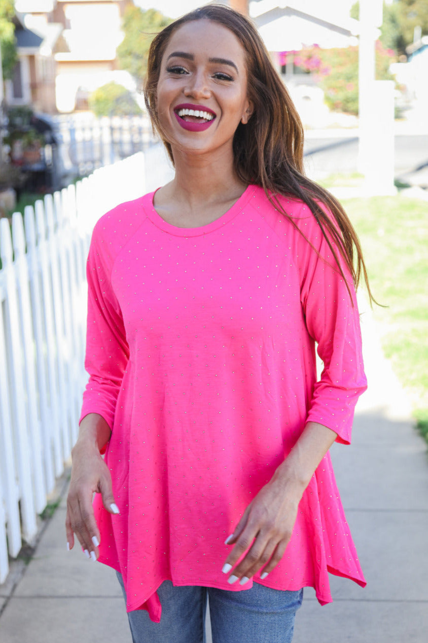 Be Bold Hot Pink Glitter Stud Scarf Hem Top