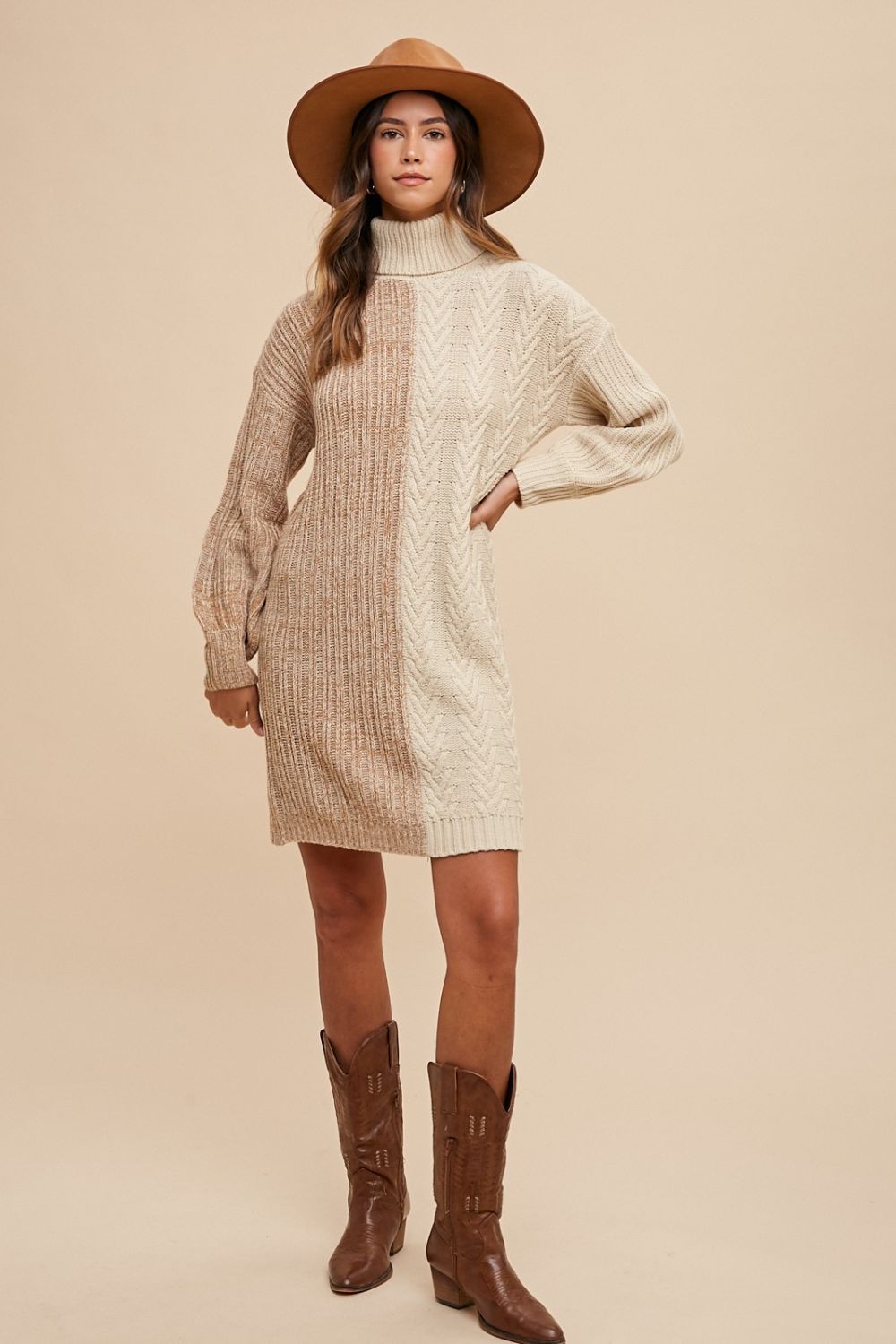 Cozy Contrast Turtleneck Knit Dress