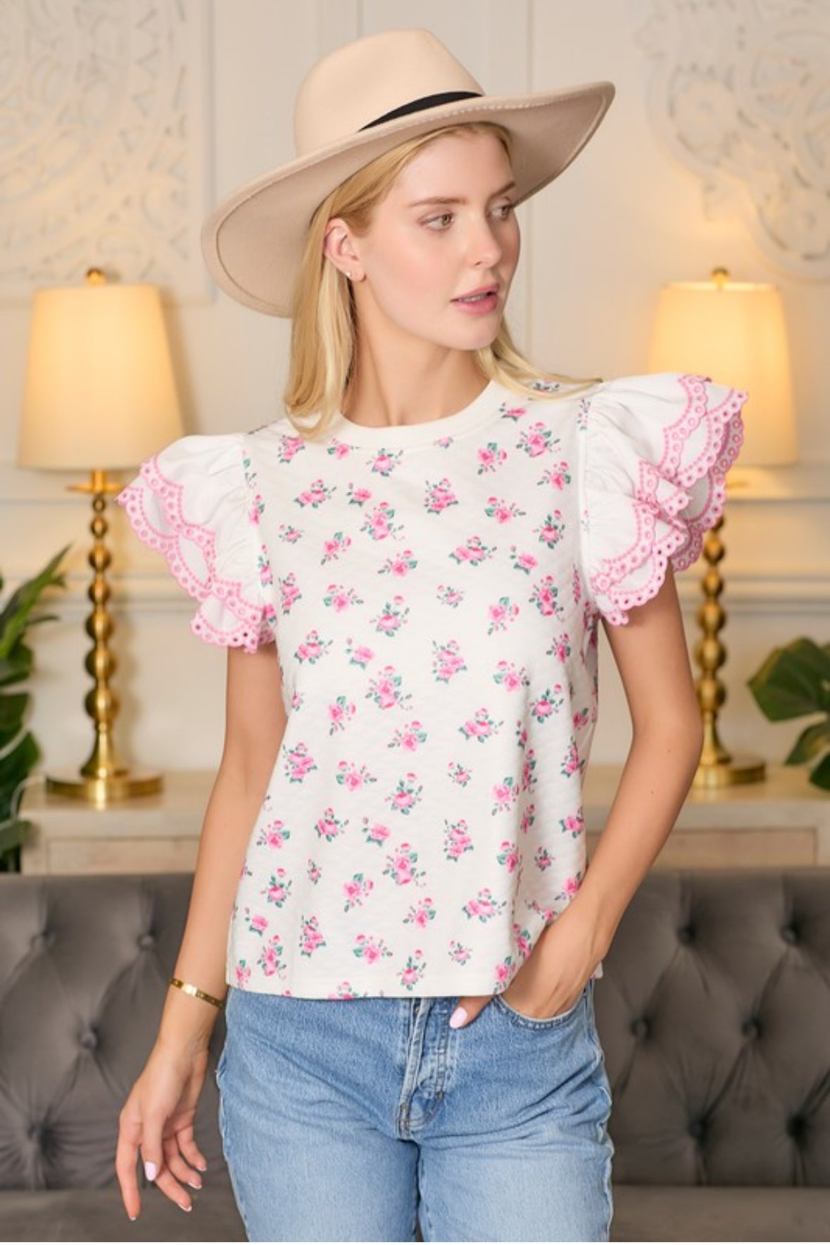 Eyelets & Roses Ruffle Sleeve Top -preorder