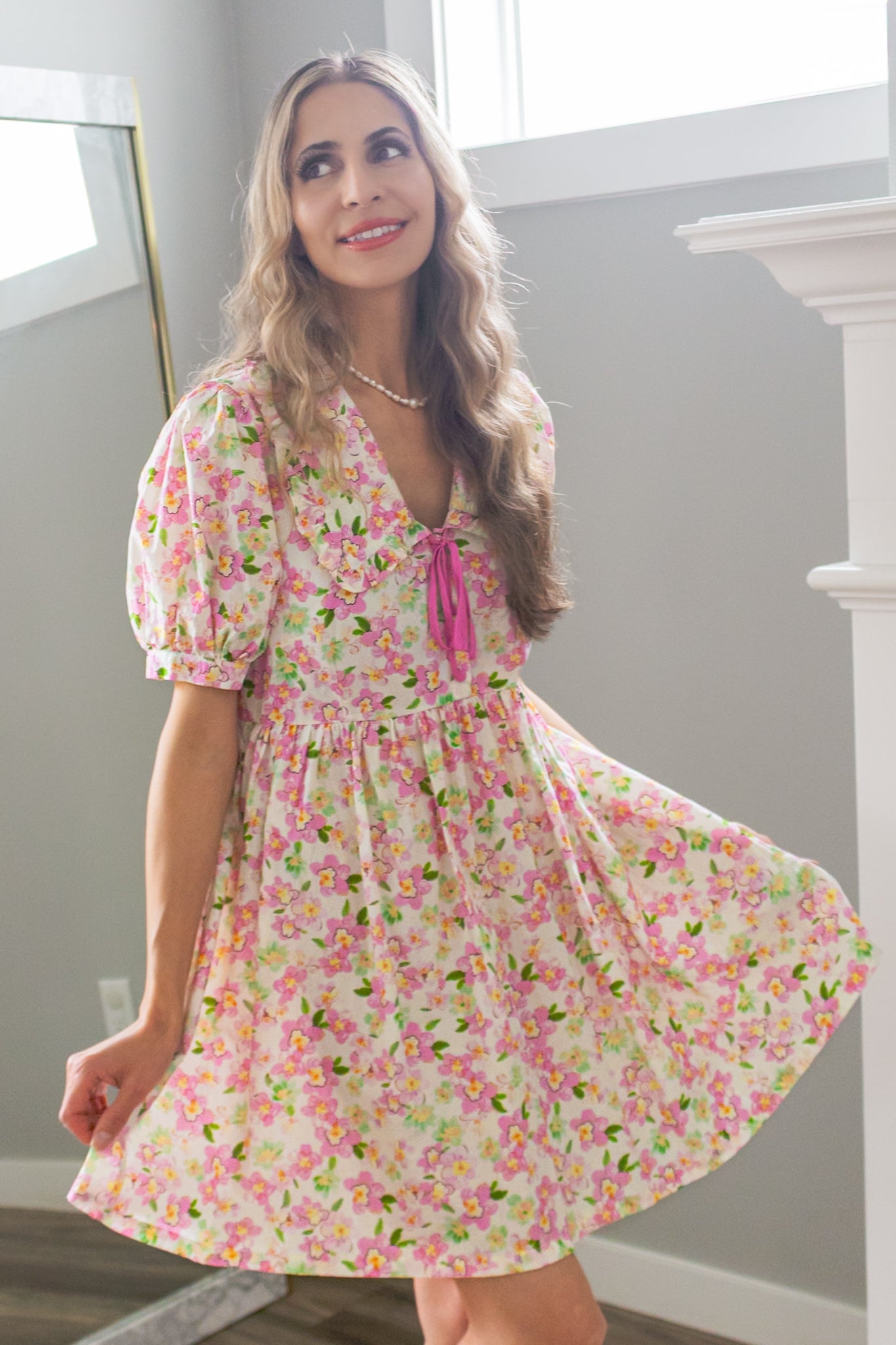 Cherry Blossom Peter Pan Collar Cotton Dress in Blush
