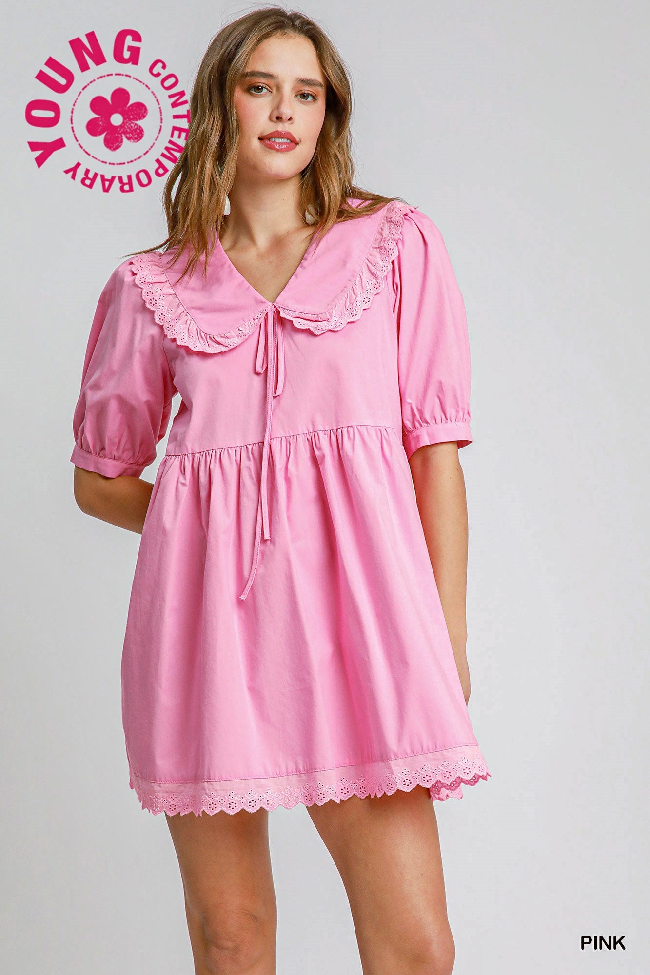 Peter Pan Collar Cottage 100 Cotton Dress in Pink