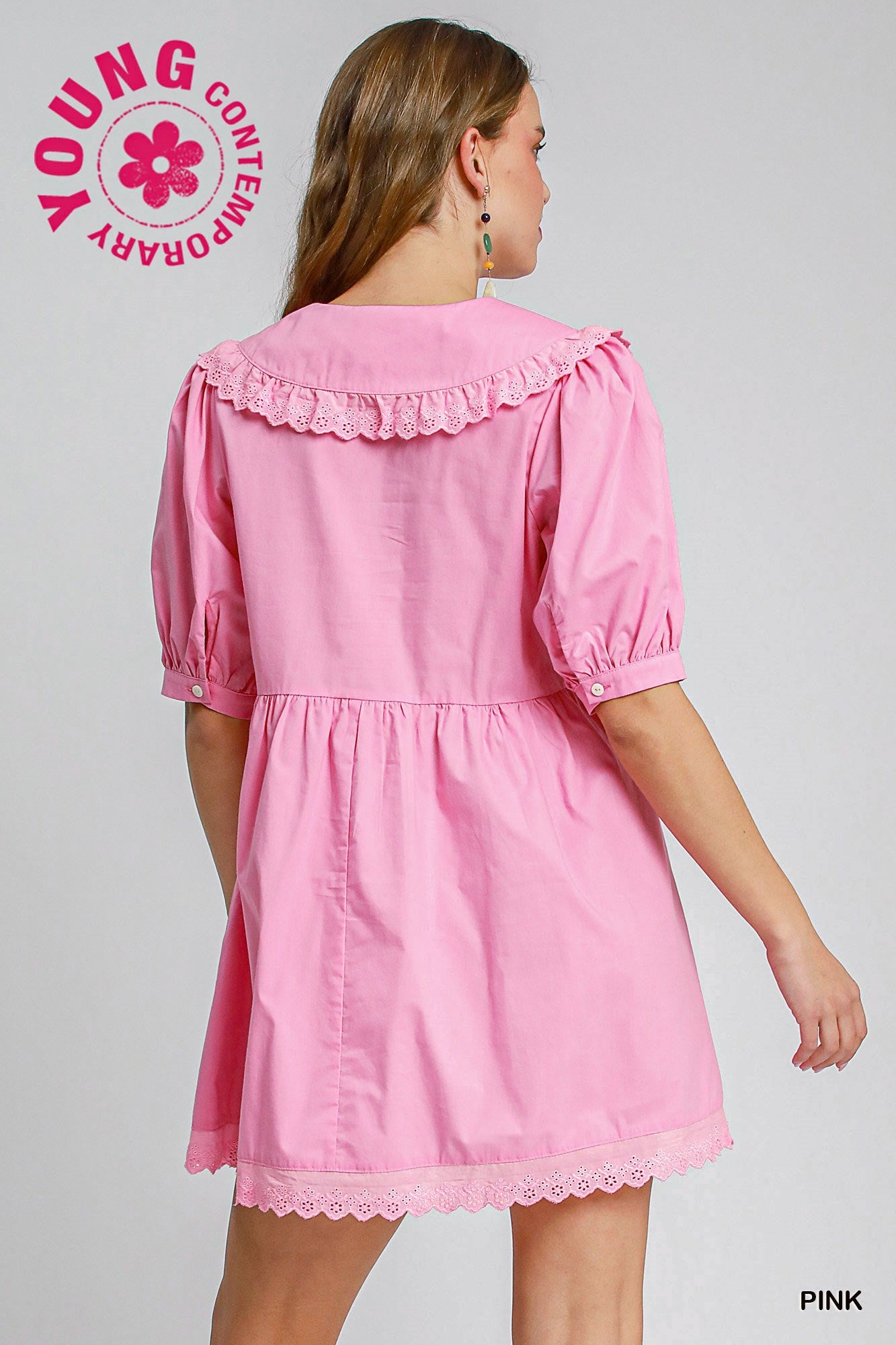 Peter Pan Collar Cottage 100 Cotton Dress in Pink