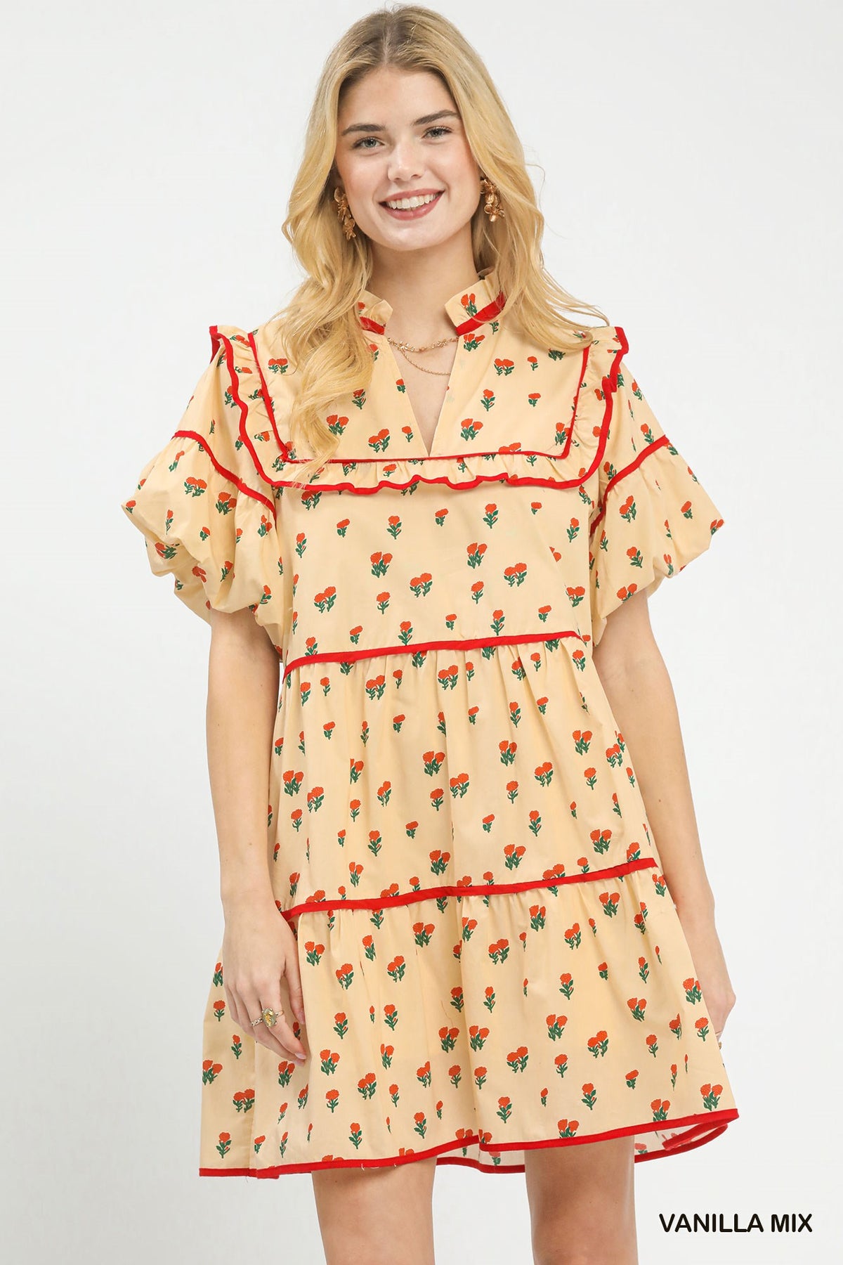 Vintage Ditsy Floral Cottage Daydream Ruffle Mini Dress In Buttercream