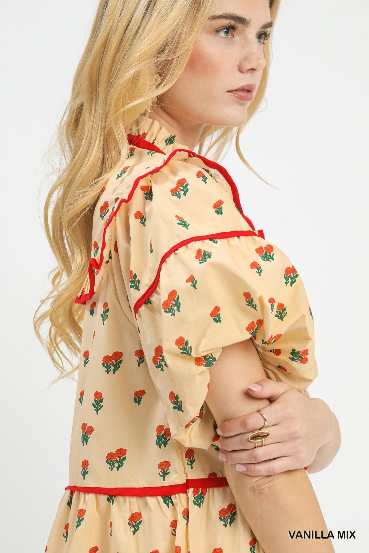 Vintage Ditsy Floral Cottage Daydream Ruffle Mini Dress In Buttercream