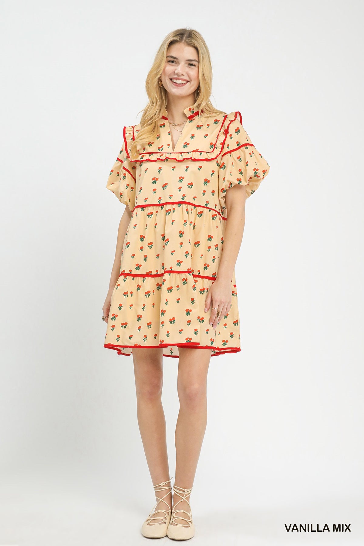 Vintage Ditsy Floral Cottage Daydream Ruffle Mini Dress In Buttercream
