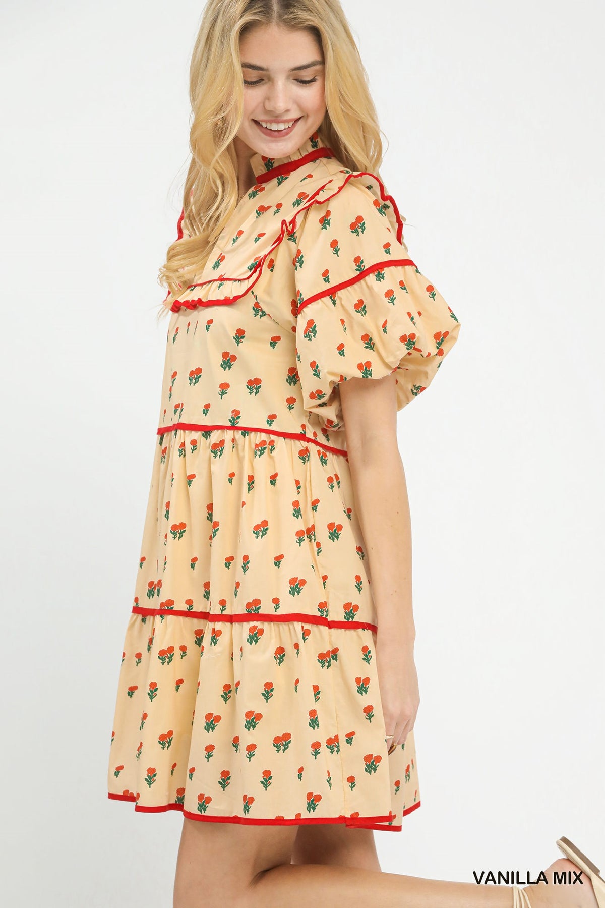 Vintage Ditsy Floral Cottage Daydream Ruffle Mini Dress In Buttercream