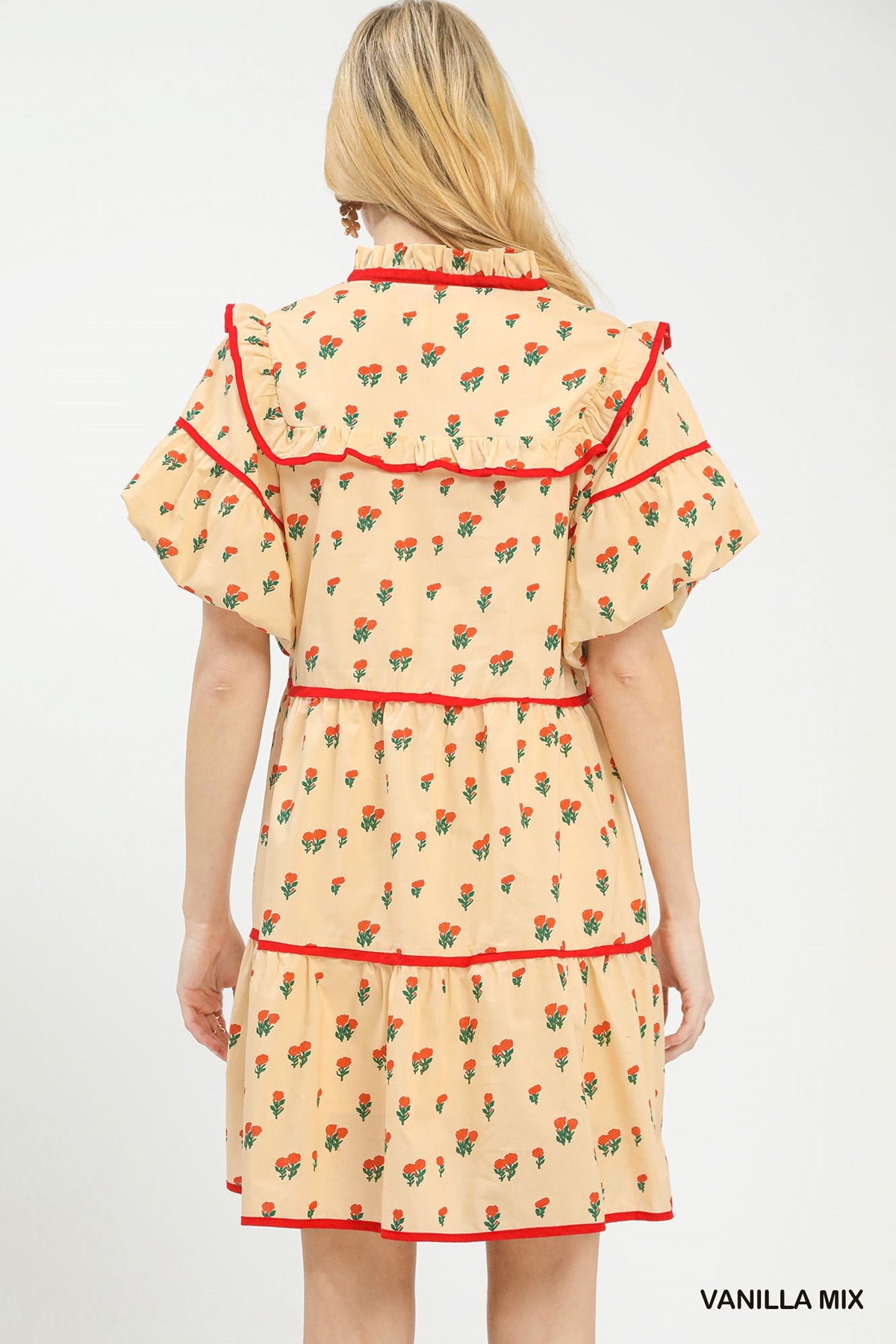 Vintage Ditsy Floral Cottage Daydream Ruffle Mini Dress In Buttercream