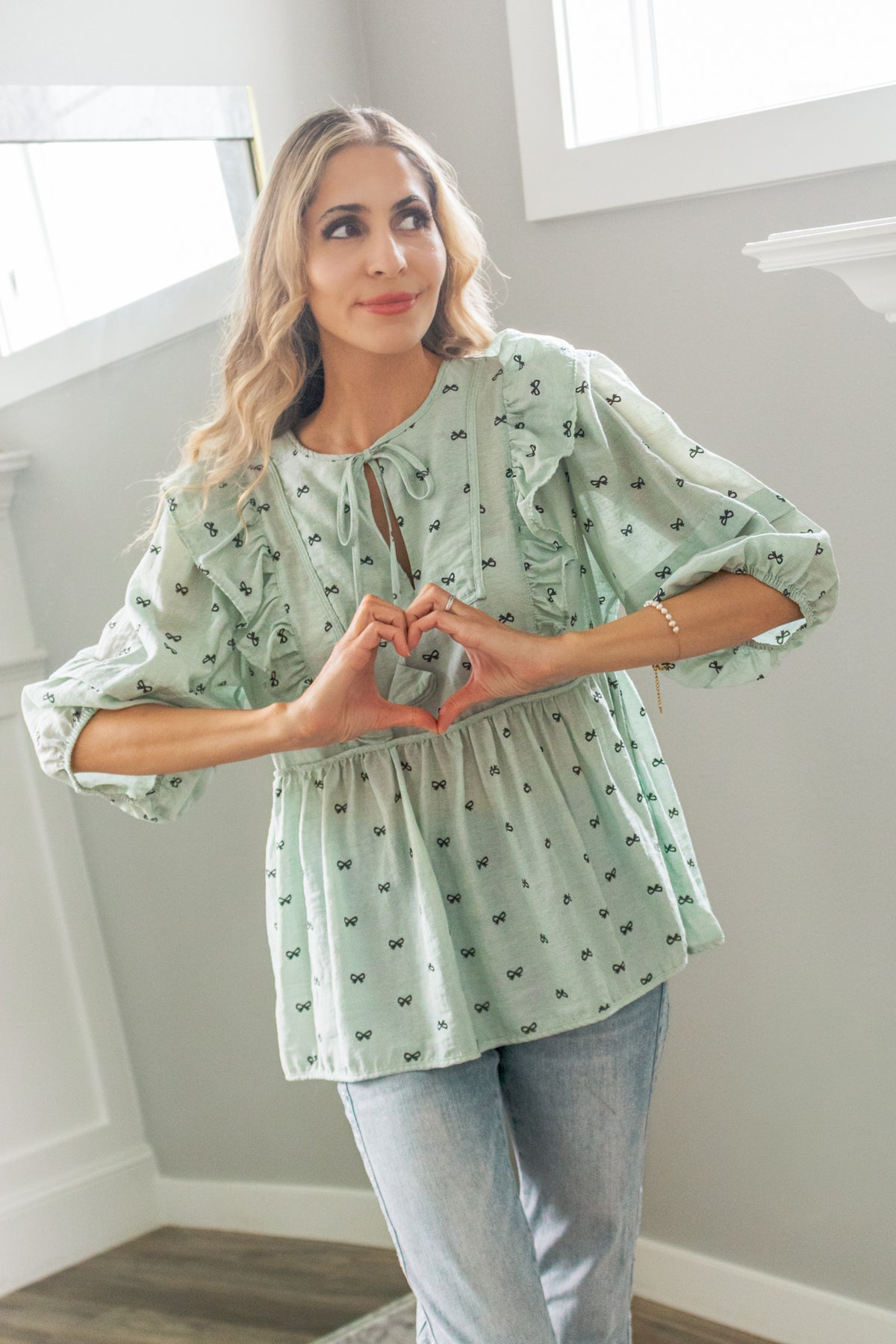 Tea For Two Babydoll Bow Blouse In Mint & Chip