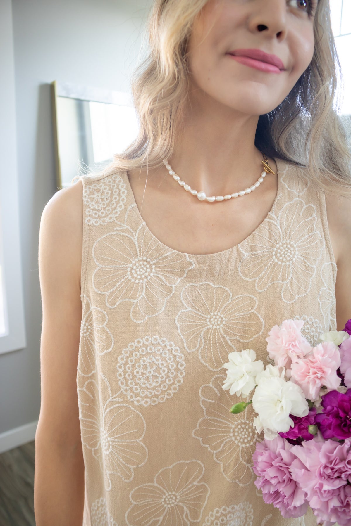Floral Embroidery Linen Top in Sand