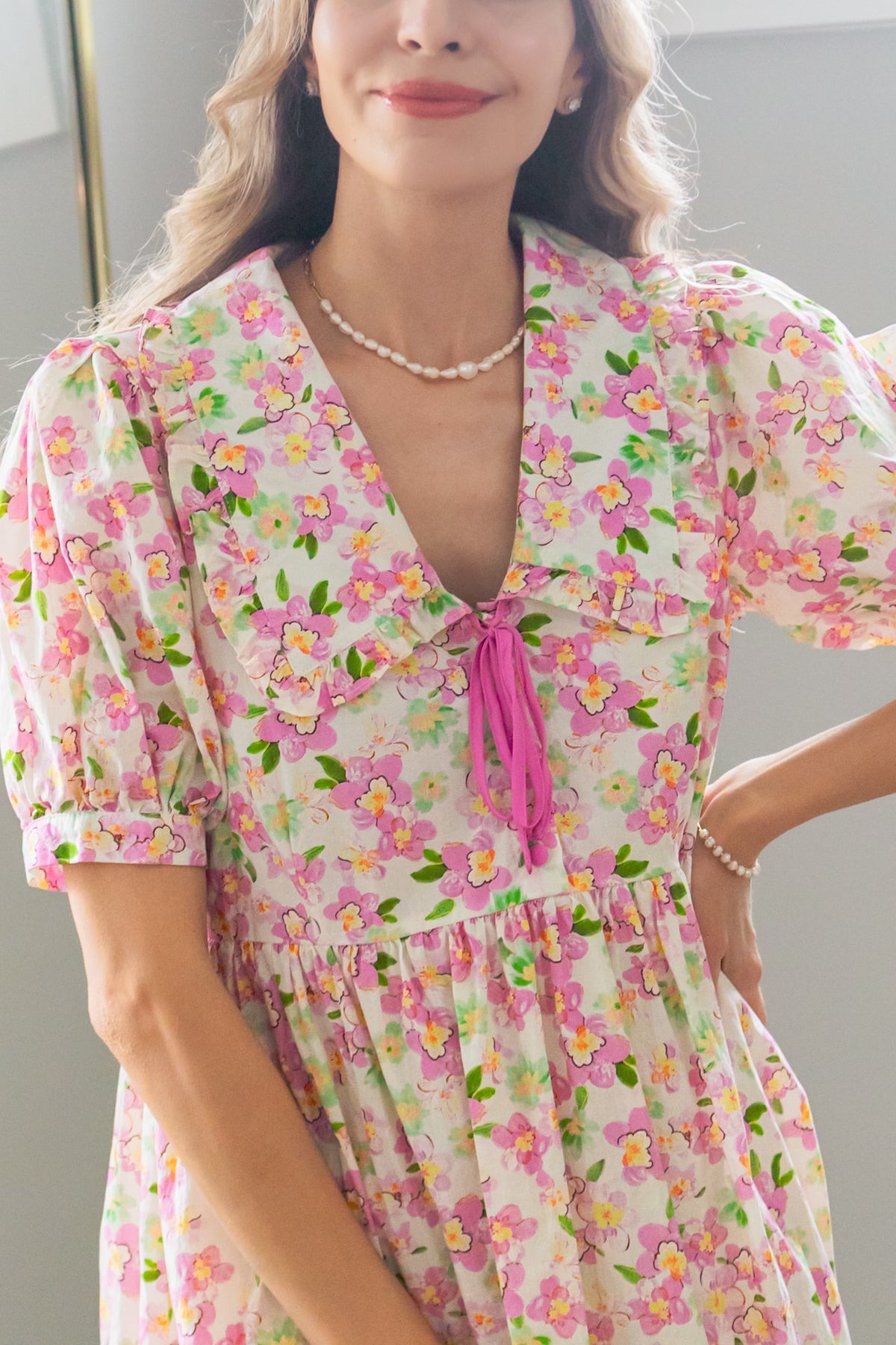 Cherry Blossom Peter Pan Collar Cotton Dress in Blush