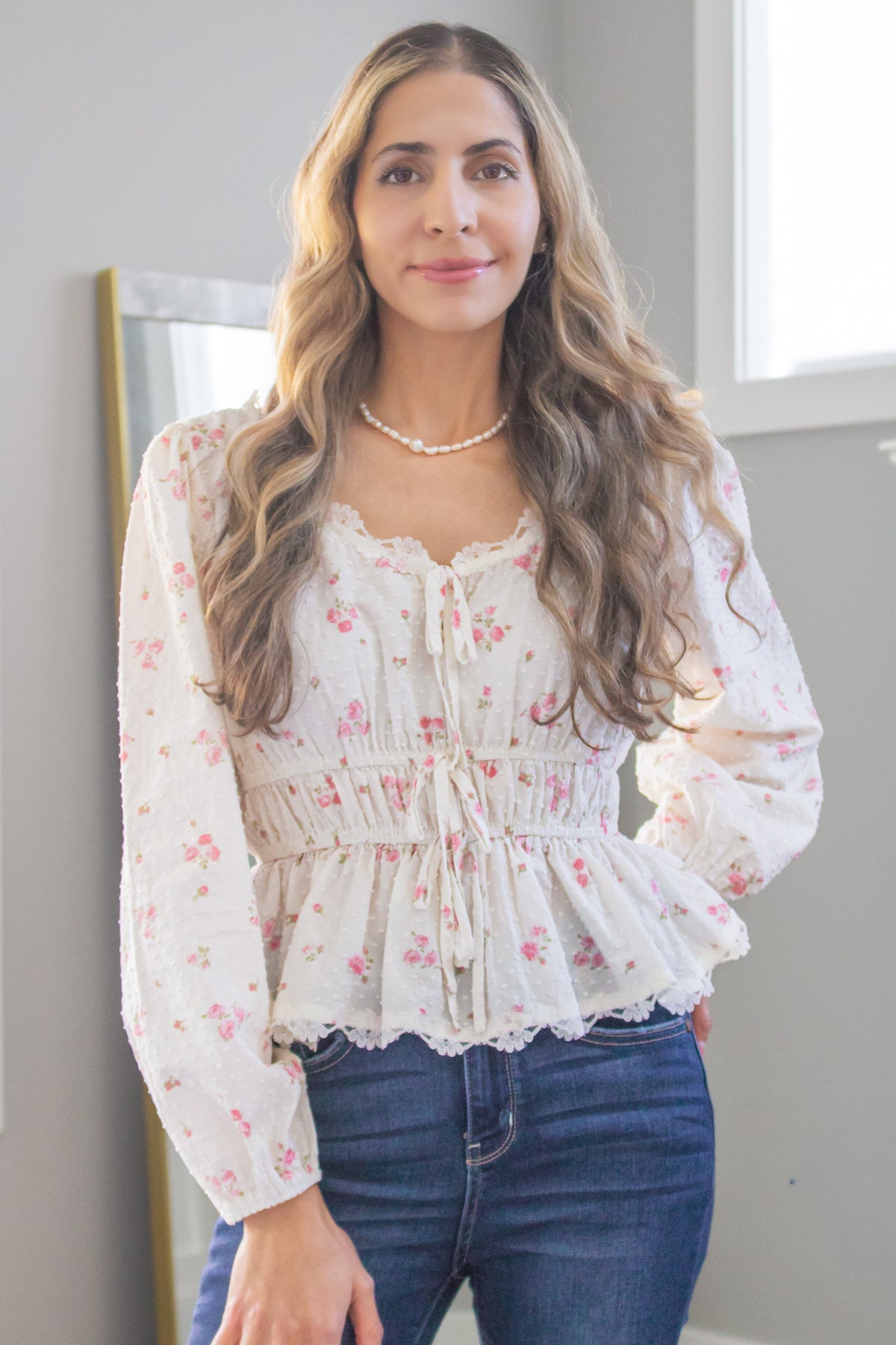 Wildflower Lace Ruched Bow Blouse