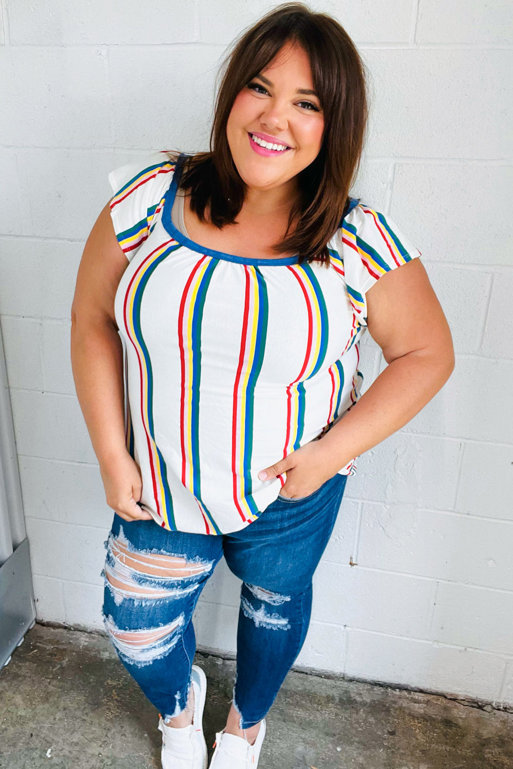 Multicolor Striped Raglan Flutter Sleeve Top -SALE-