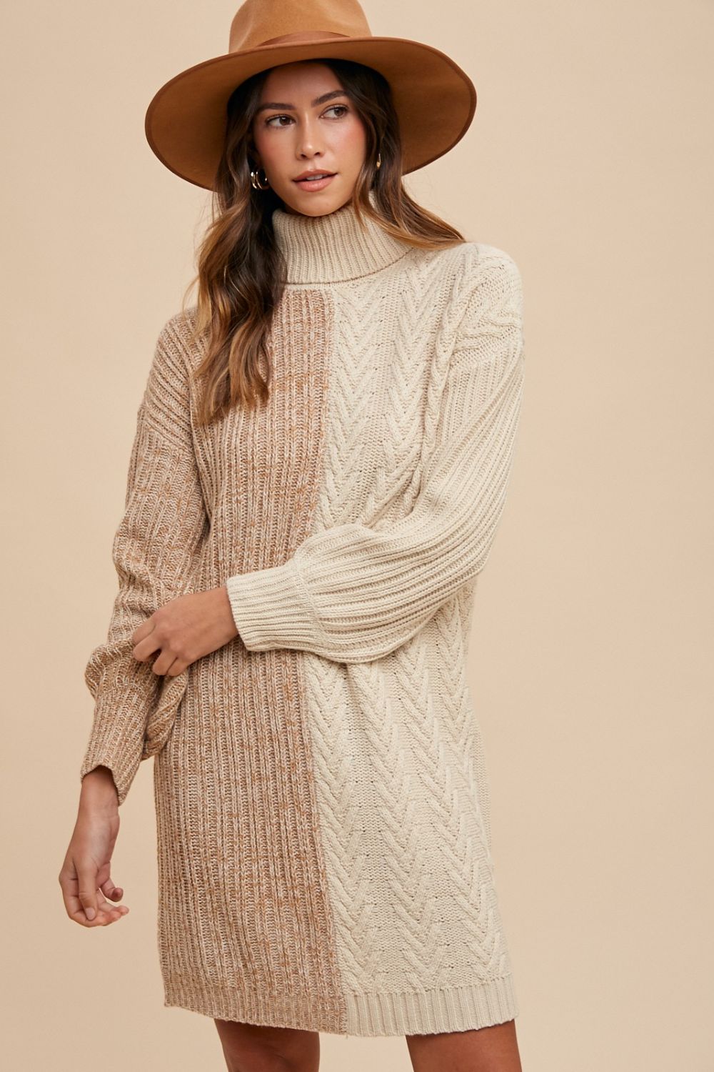 Cozy Contrast Turtleneck Knit Dress