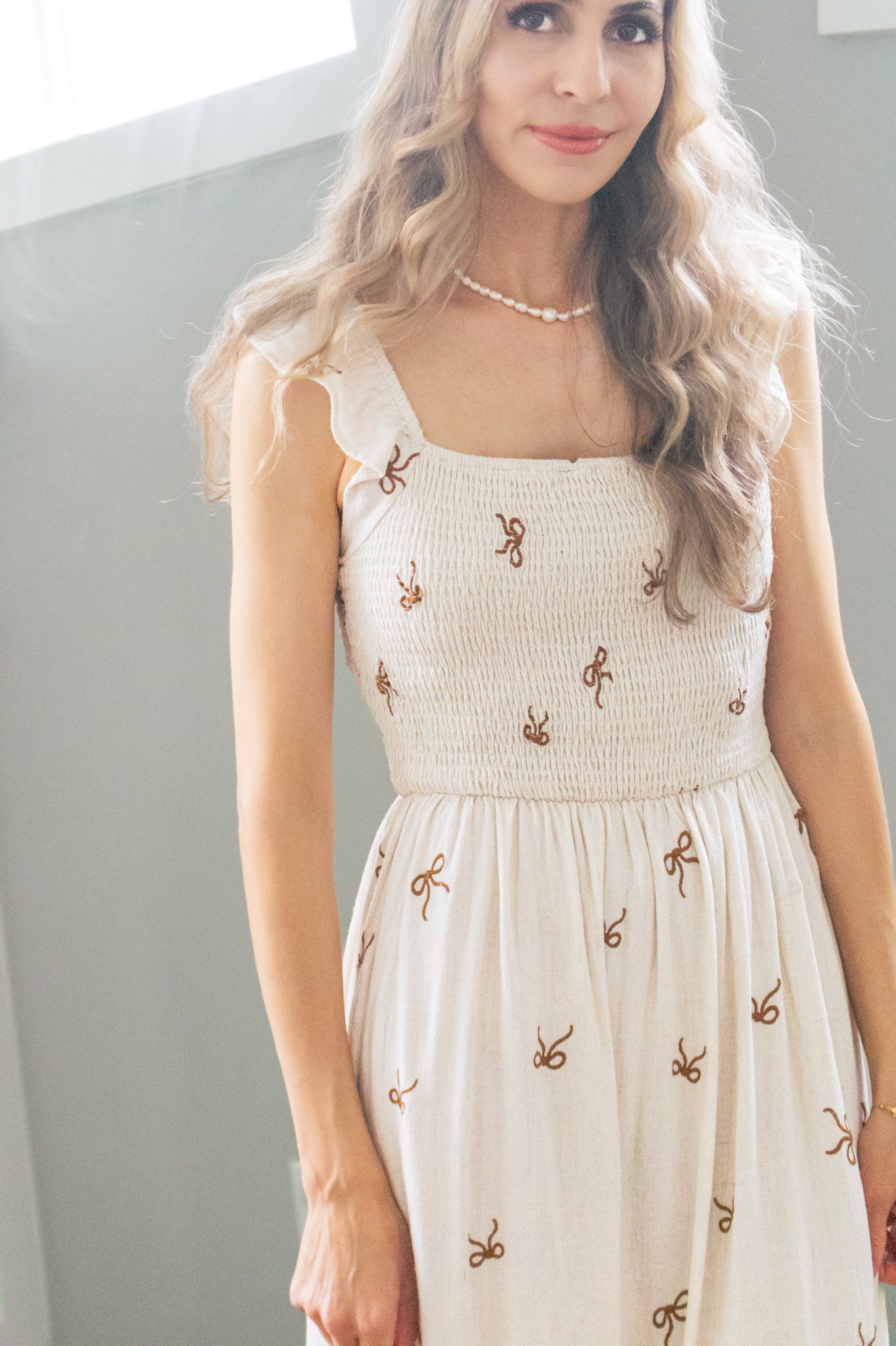 Secret Diary Linen Bow Midi Dress in Beige
