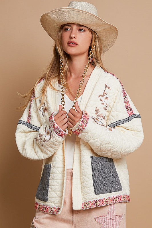 POL Embroidered Open Front Long Sleeve Quilted Jacket